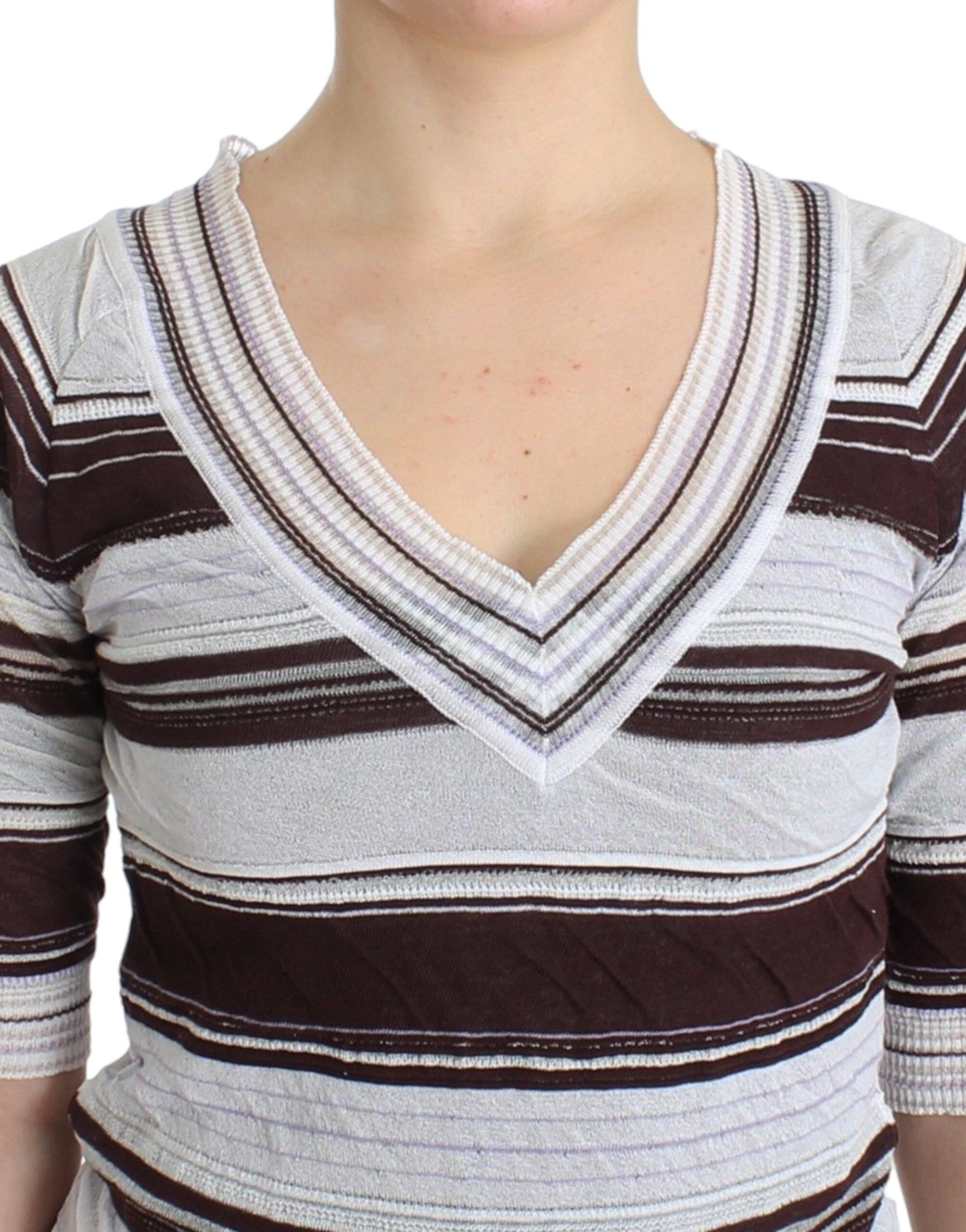 Striped V-Neck Knit Top with Lace Hem - ventzia
