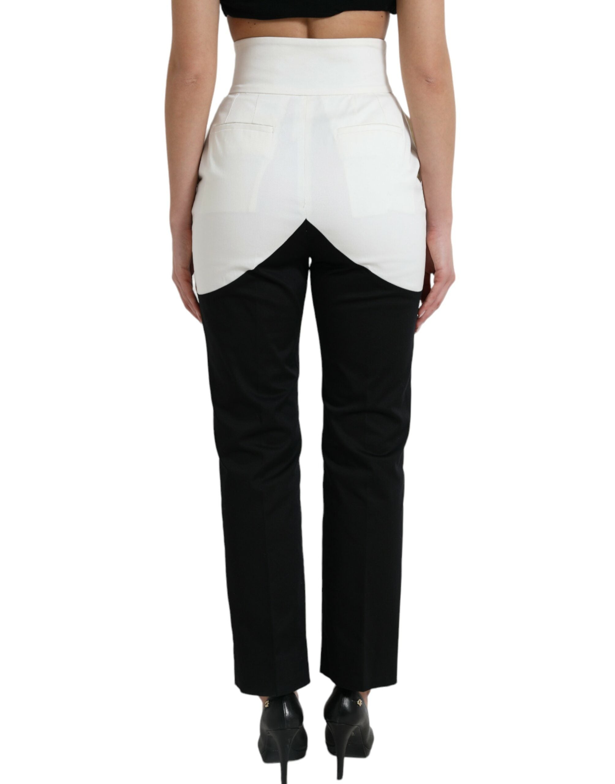 Black White Cotton Cut Out Waist Tapered Pants - ventzia