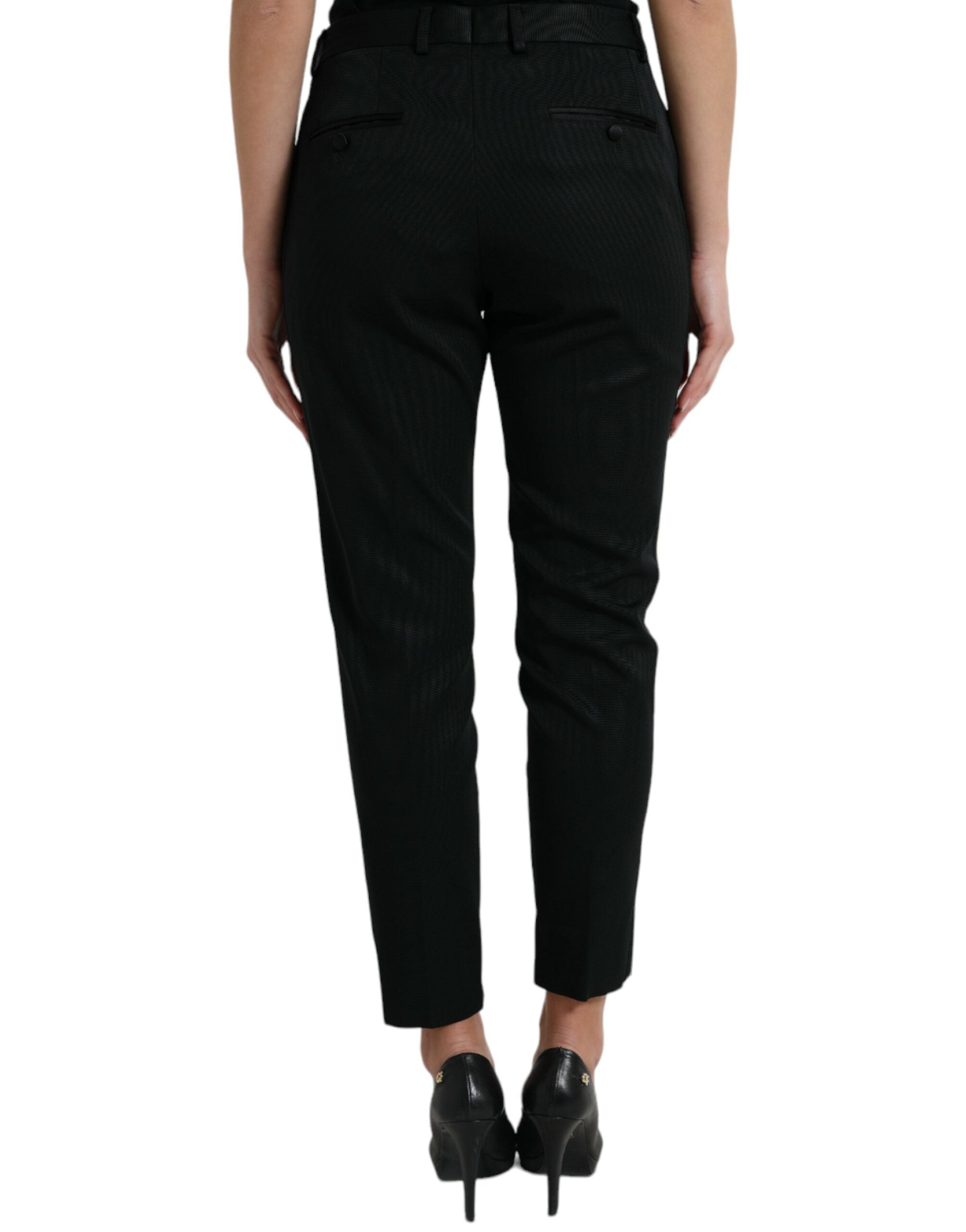 Black Wool High Waist Cropped Tapered Pants - ventzia