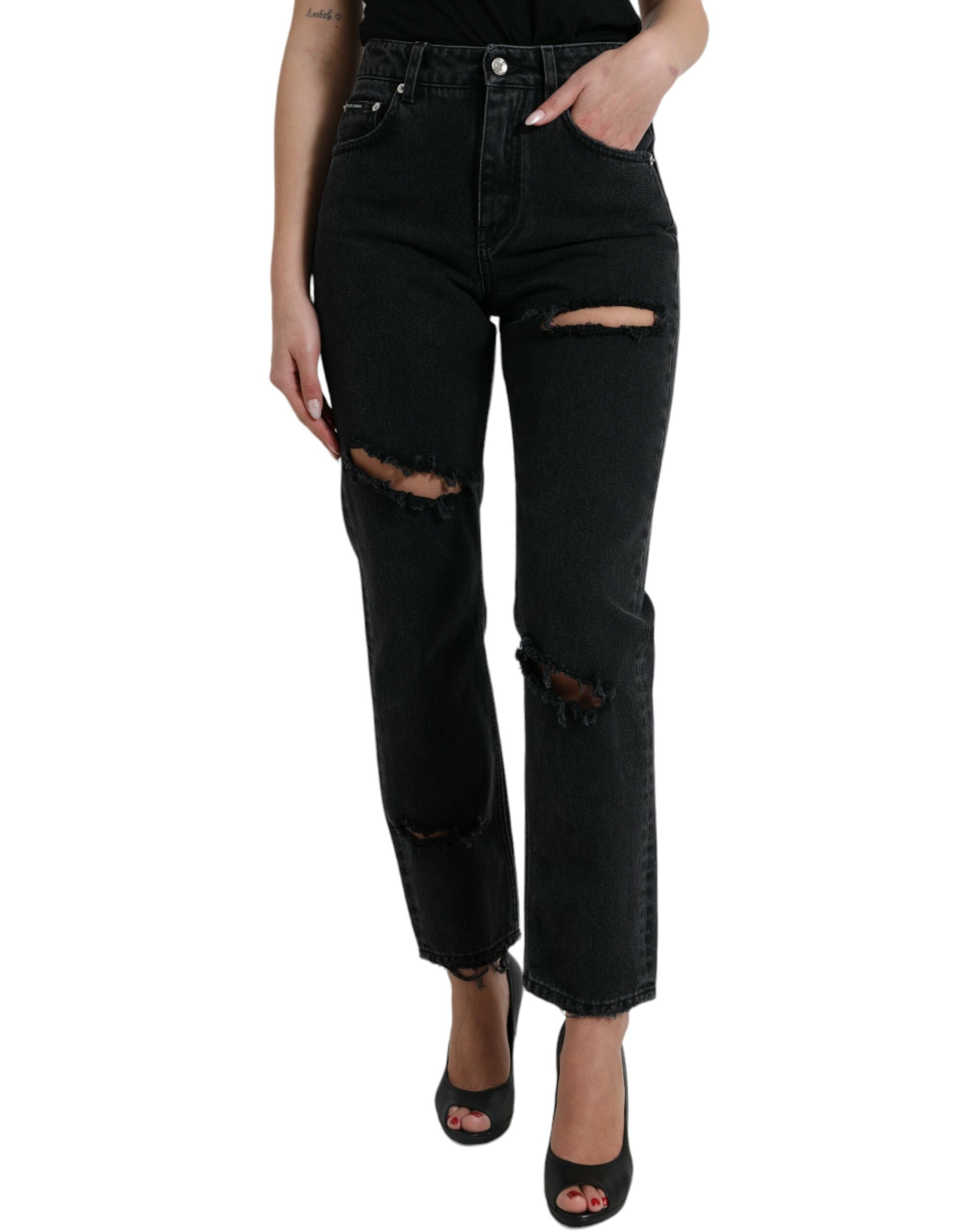 Black Cotton High Waist Tattered Denim Jeans - ventzia