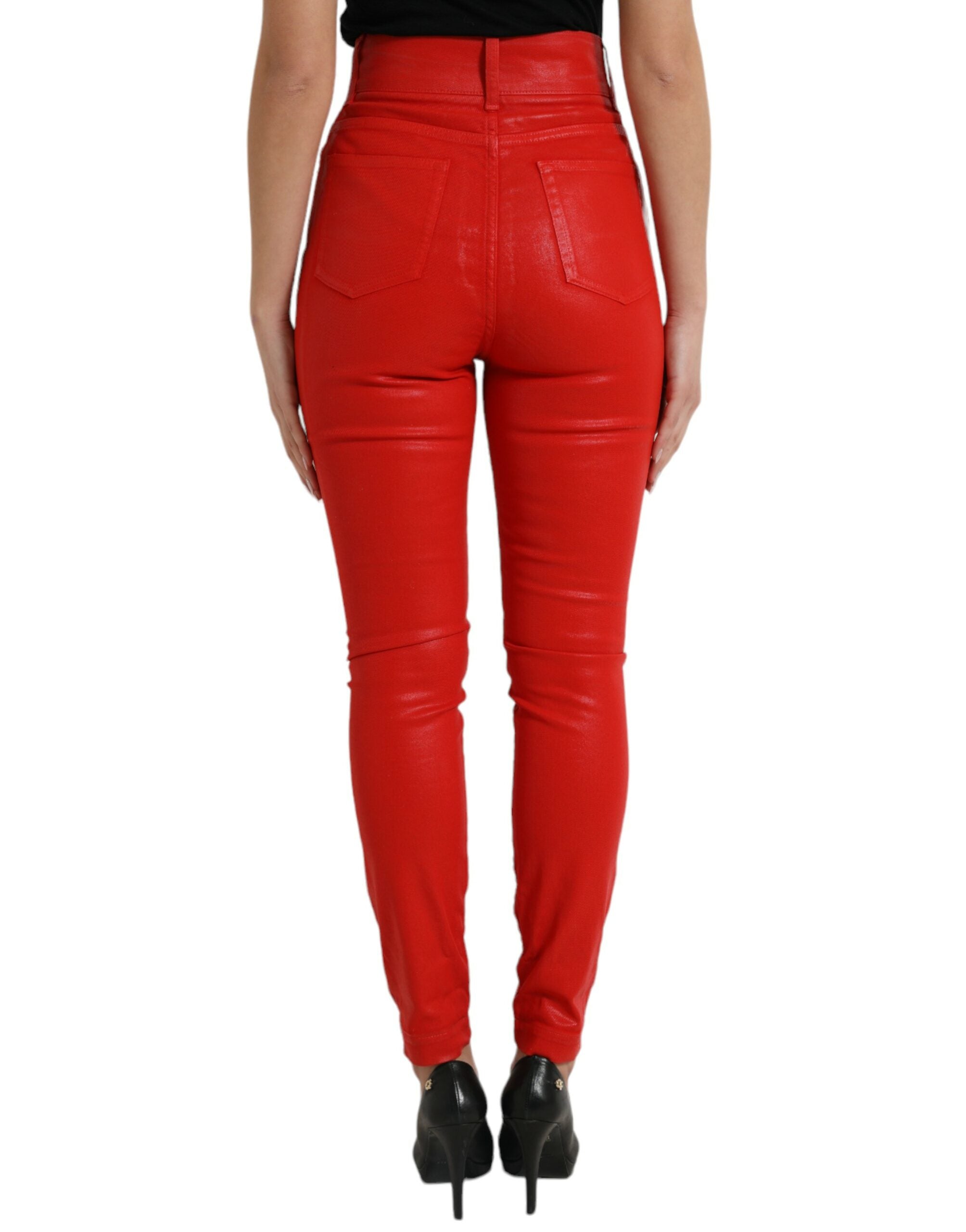 Red Cotton High Waist Skinny Denim Jeans - ventzia