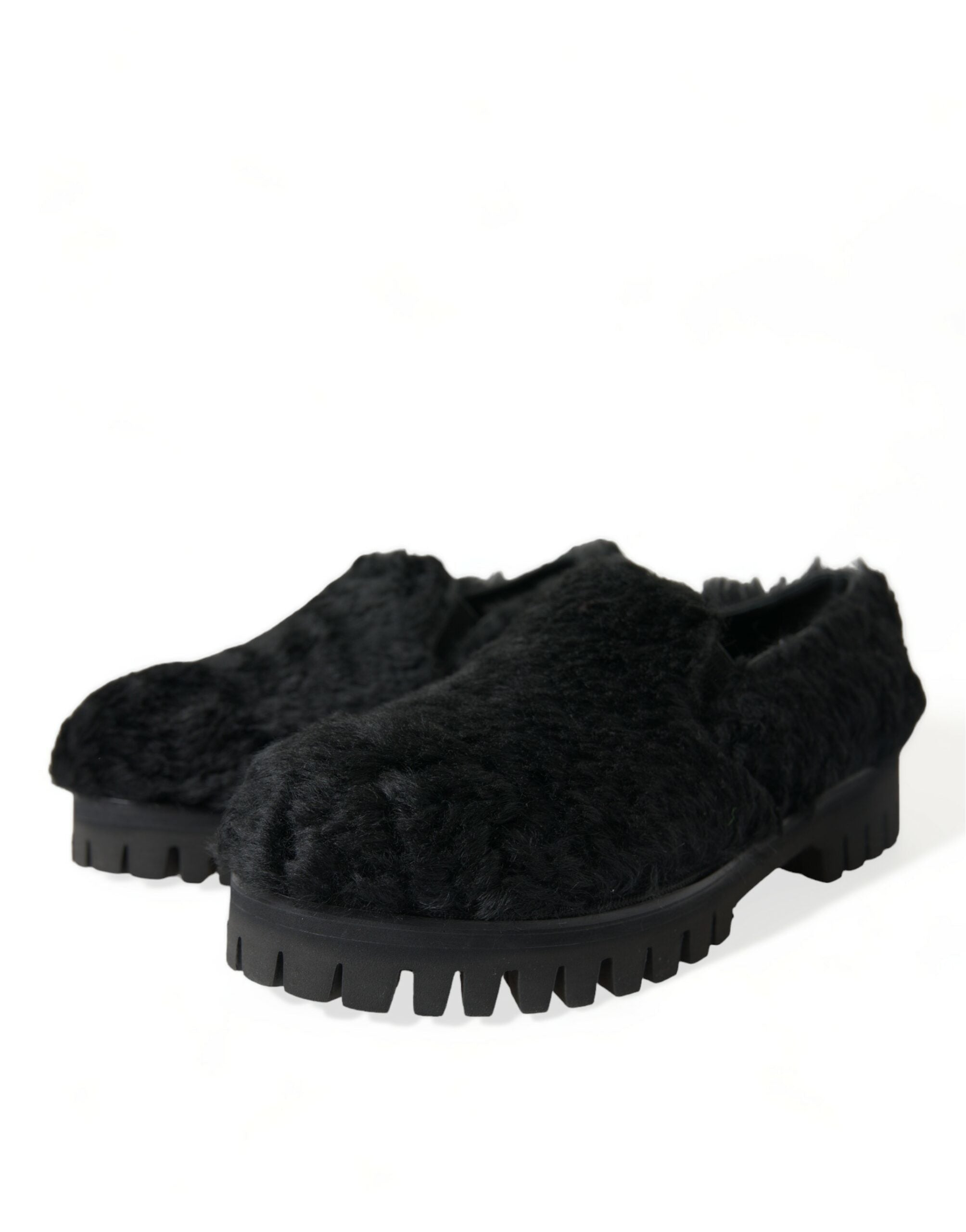 Black Fur Leather Slippers Dress Shoes - ventzia