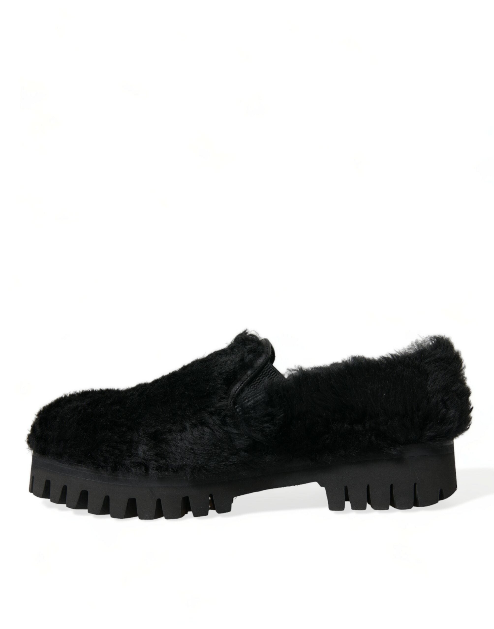 Black Fur Leather Slippers Dress Shoes - ventzia