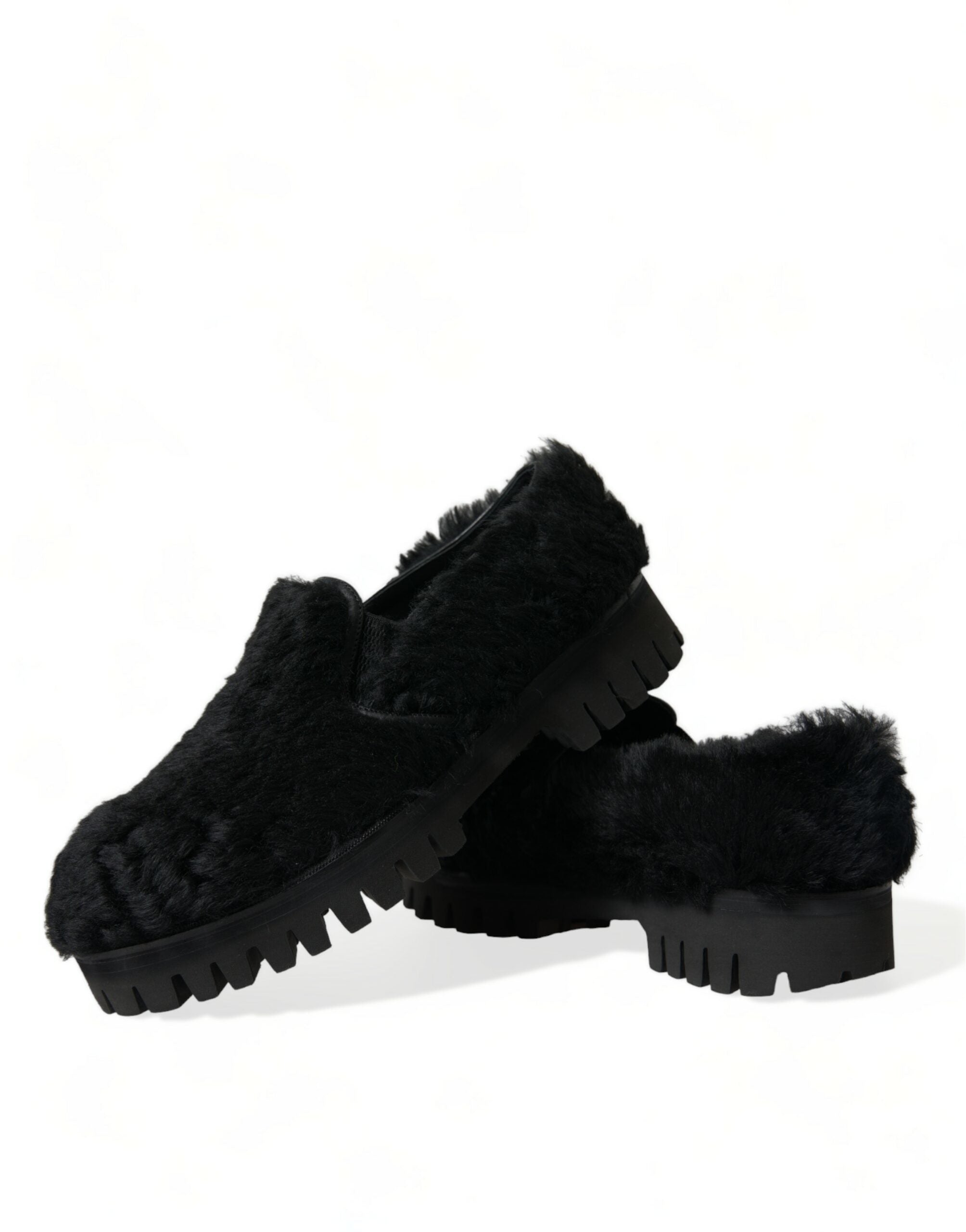 Black Fur Leather Slippers Dress Shoes - ventzia