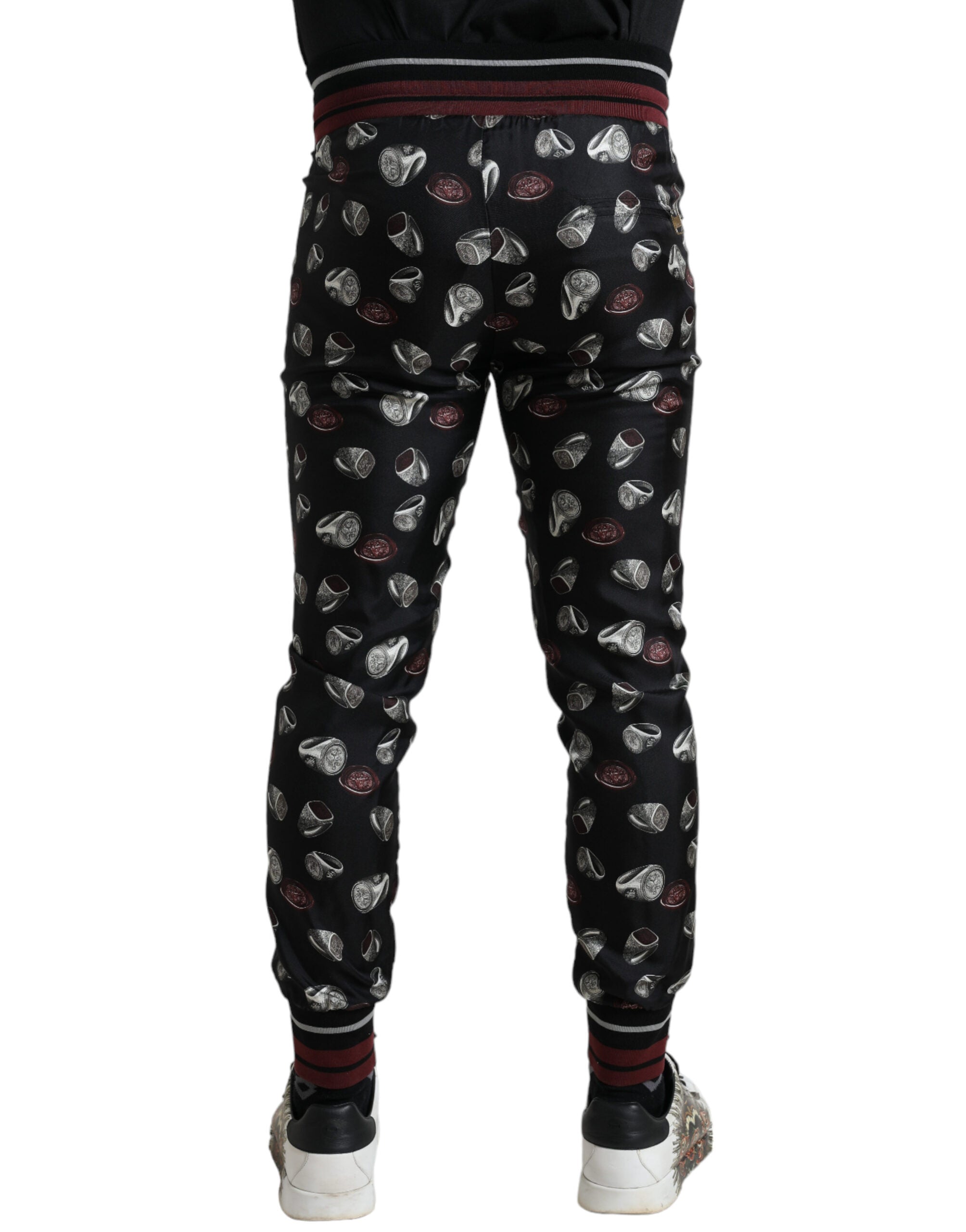 Black Ring Silk Jogging Trousers Pants - ventzia