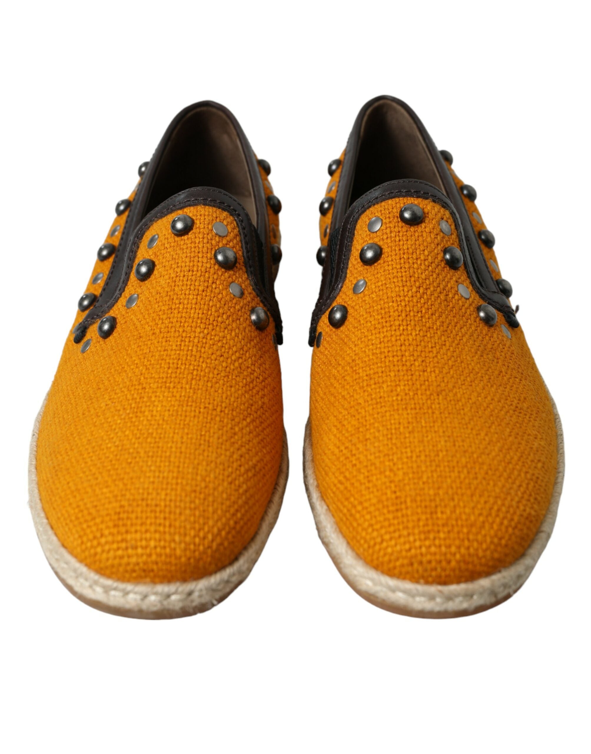 Orange Linen Leather Studded Loafers Shoes - ventzia