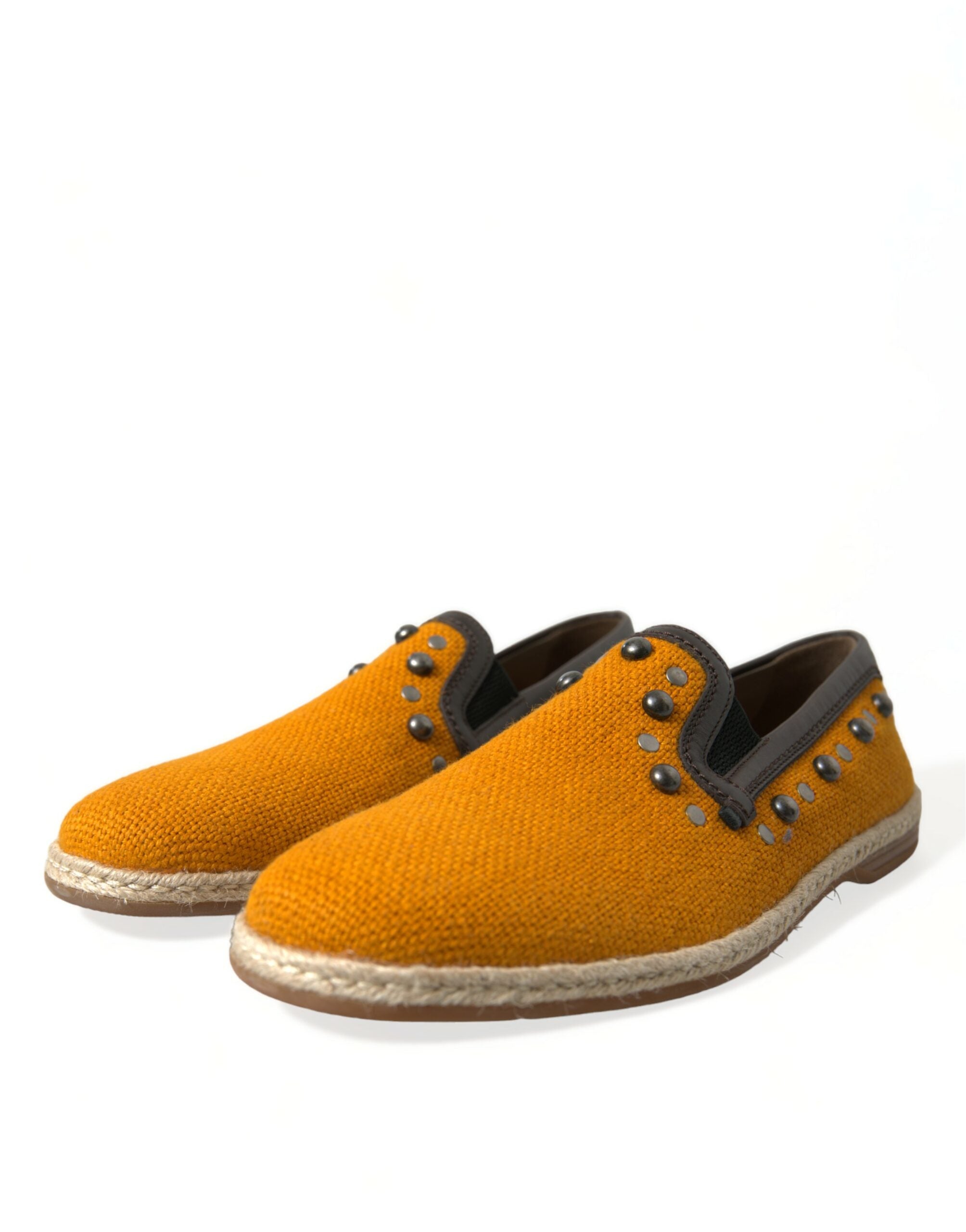 Orange Linen Leather Studded Loafers Shoes - ventzia