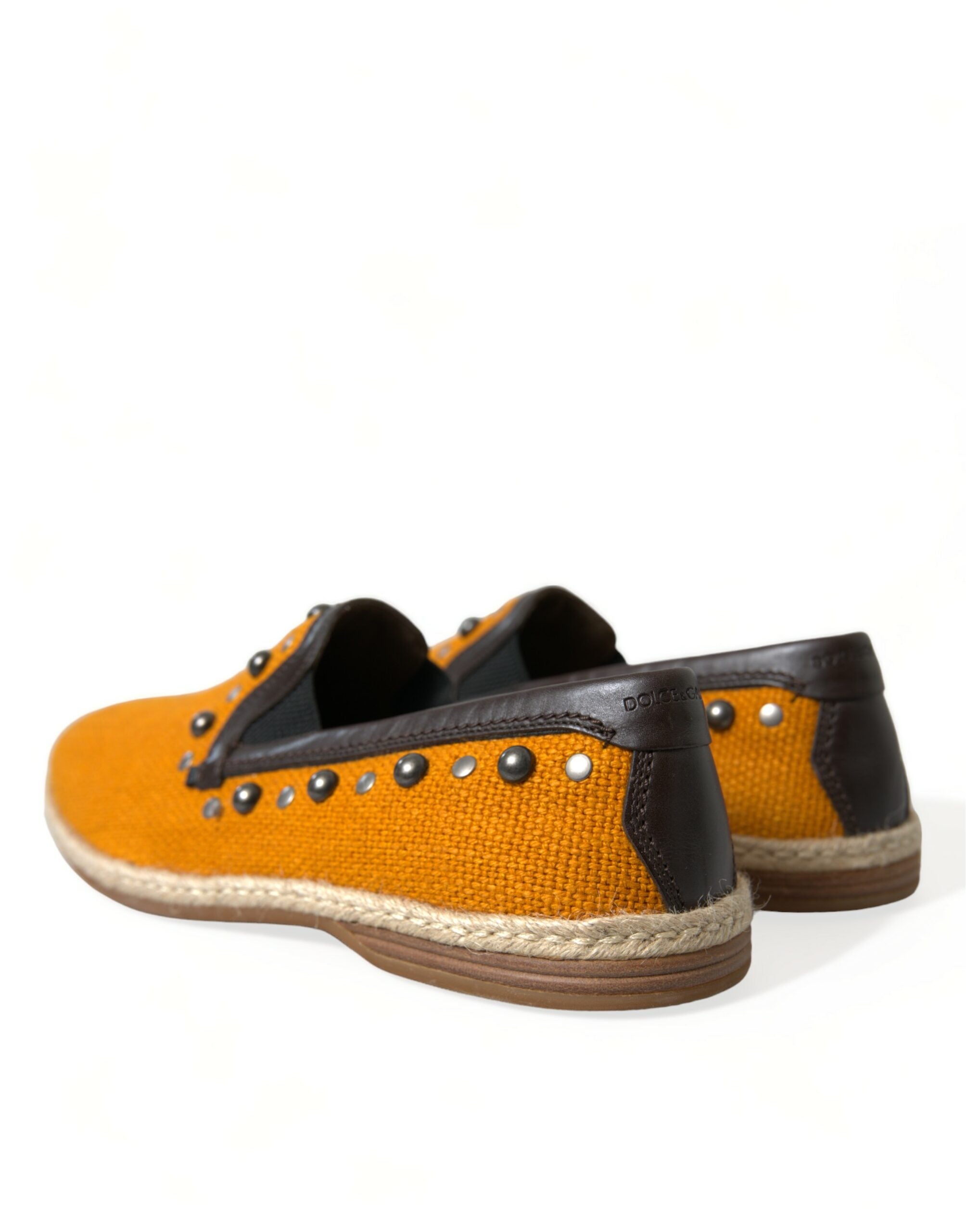 Orange Linen Leather Studded Loafers Shoes - ventzia