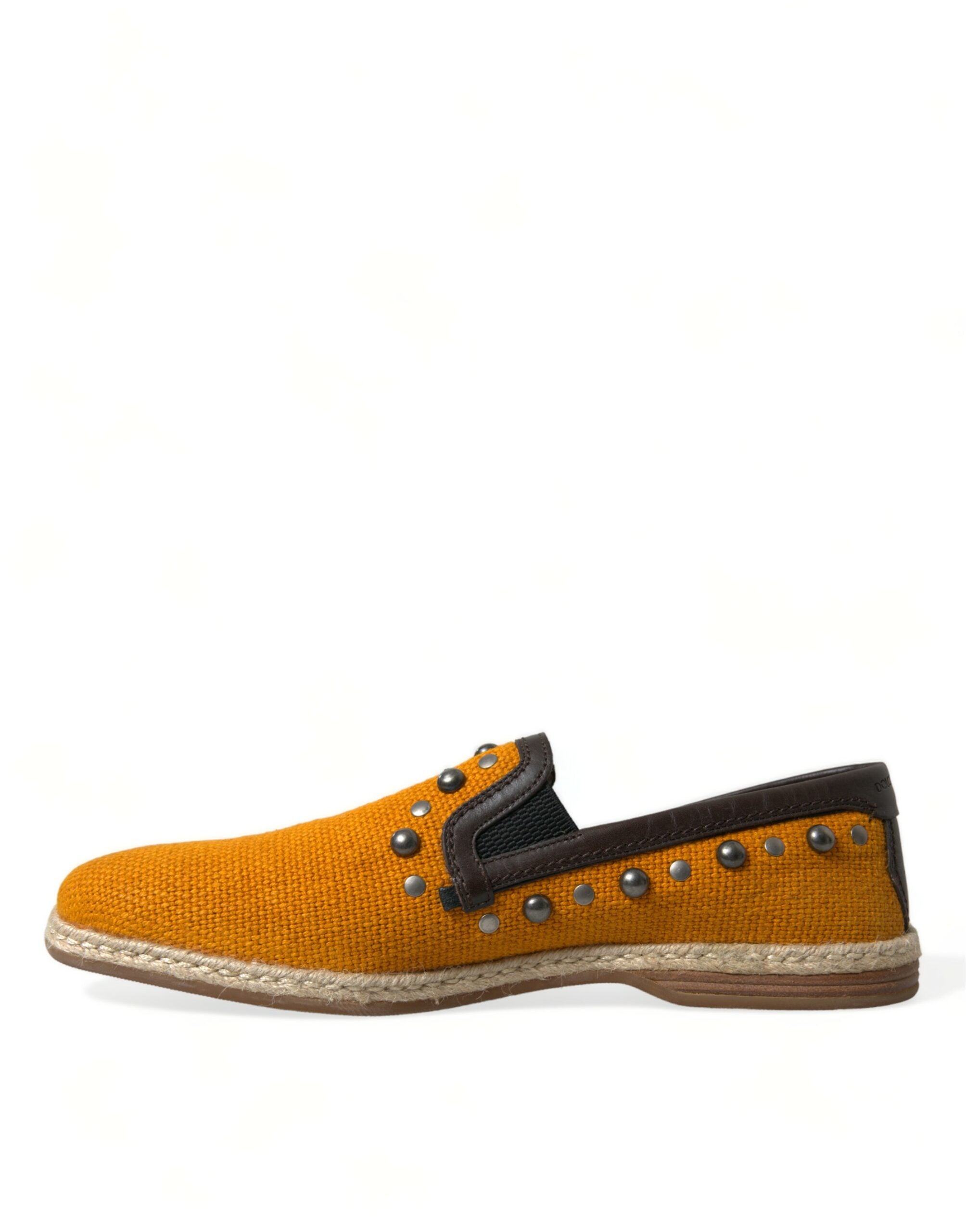 Orange Linen Leather Studded Loafers Shoes - ventzia