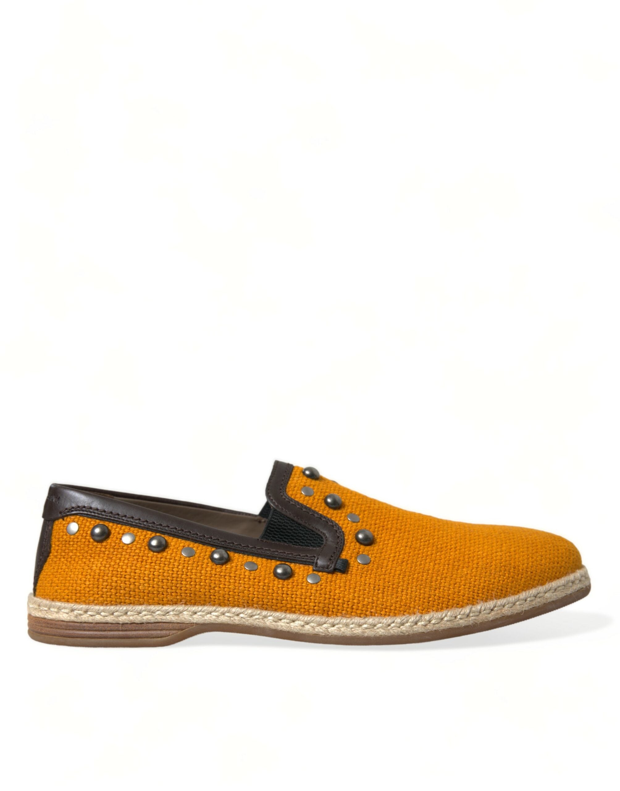 Orange Linen Leather Studded Loafers Shoes - ventzia