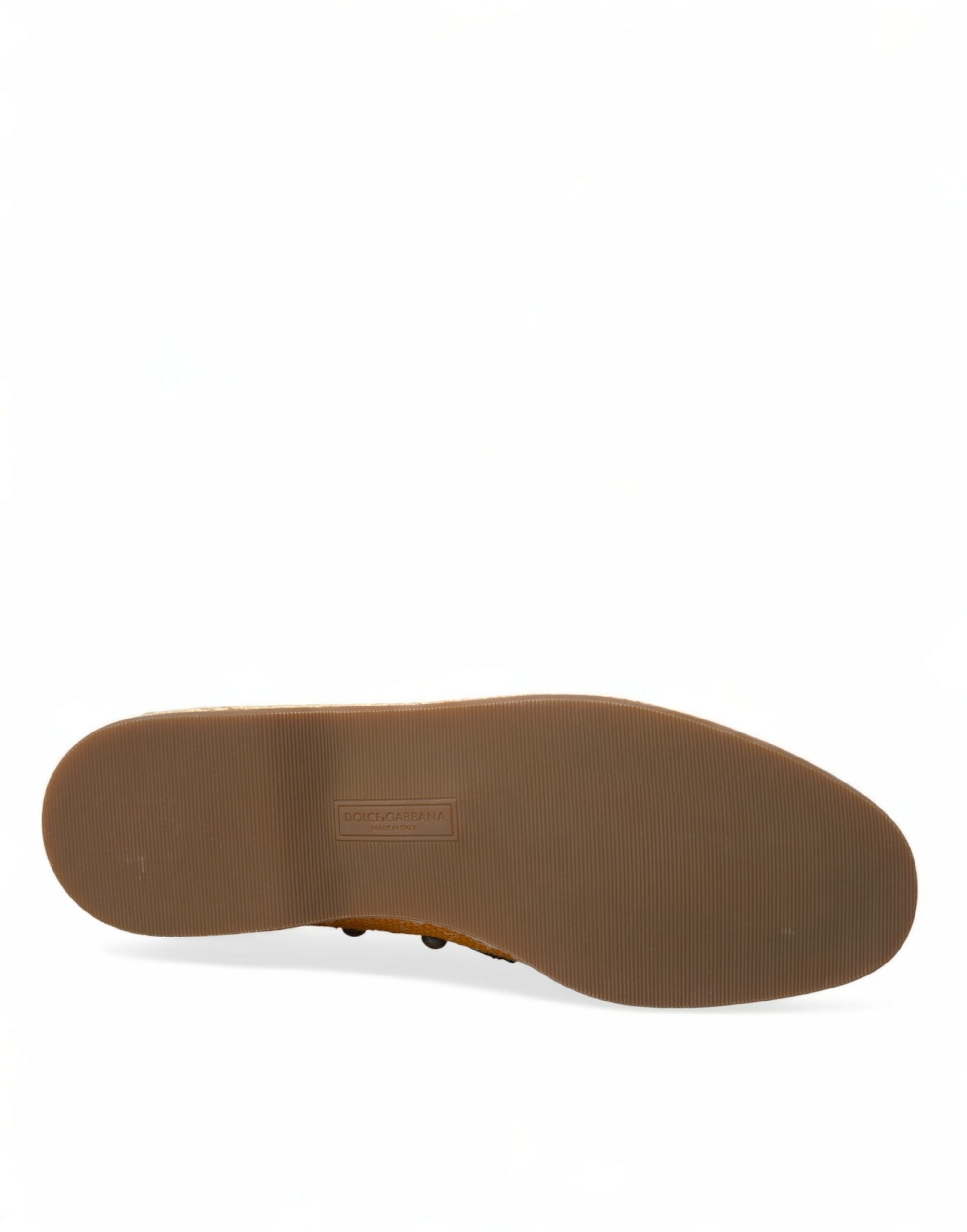 Orange Linen Leather Studded Loafers Shoes - ventzia