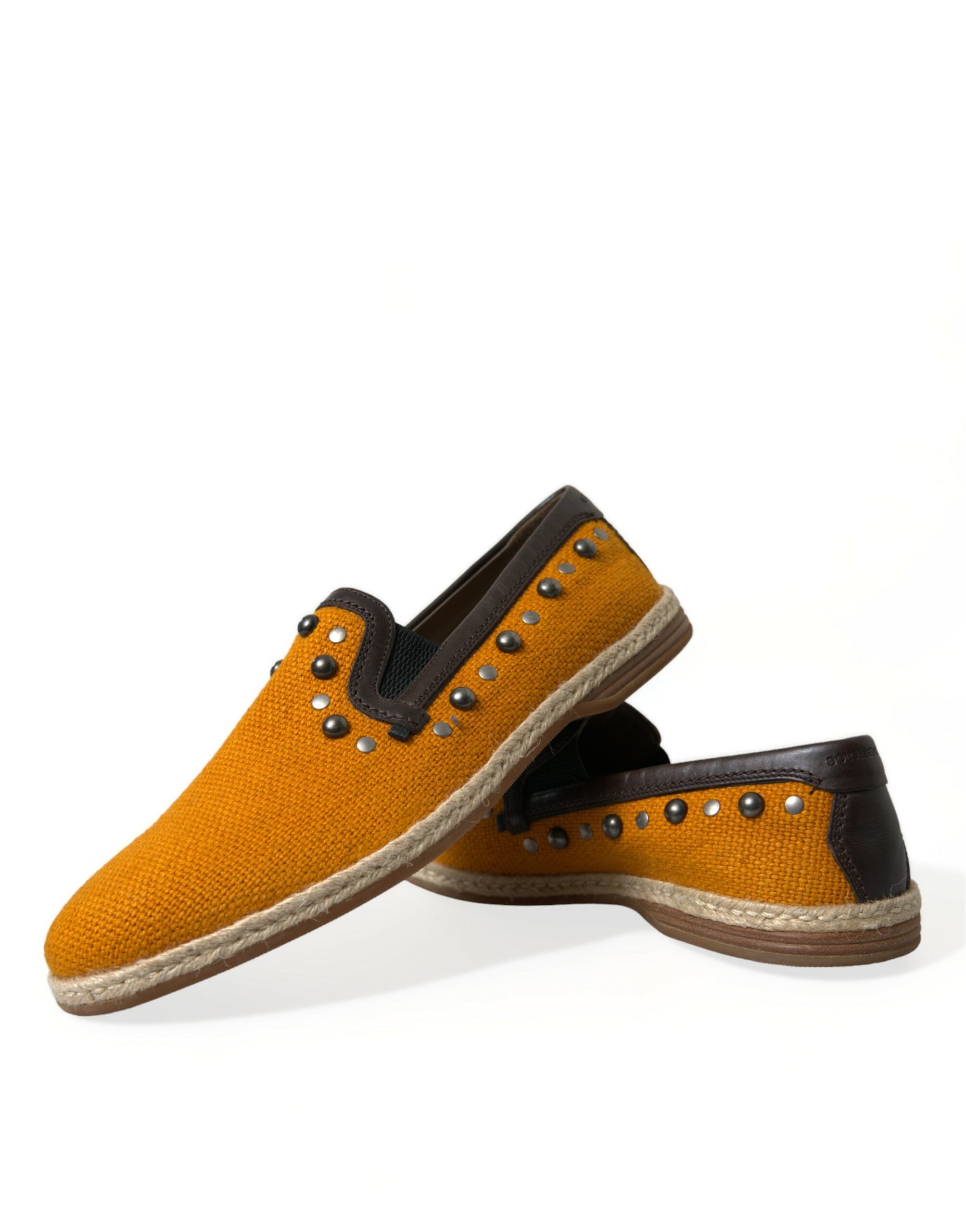 Orange Linen Leather Studded Loafers Shoes - ventzia