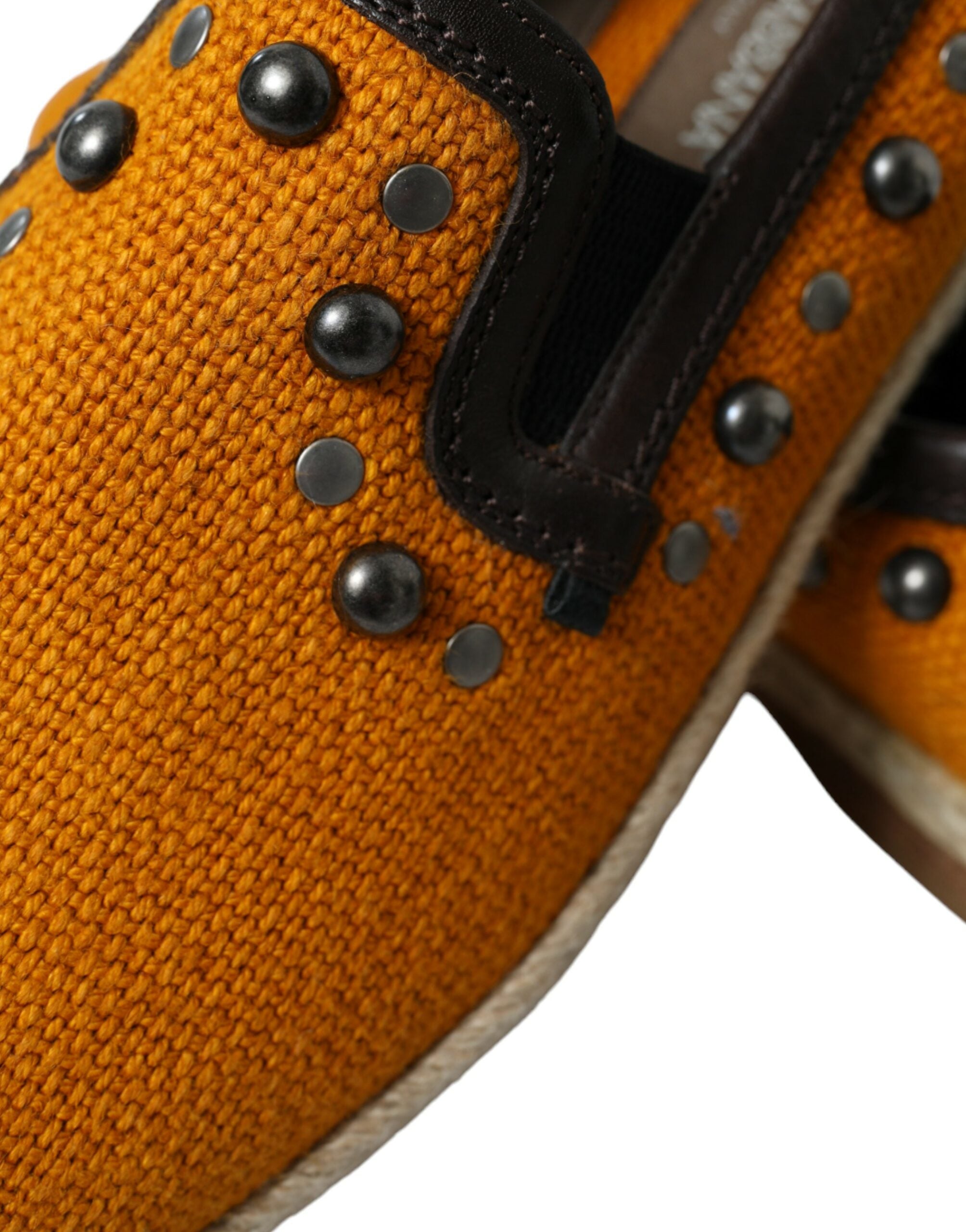 Orange Linen Leather Studded Loafers Shoes - ventzia