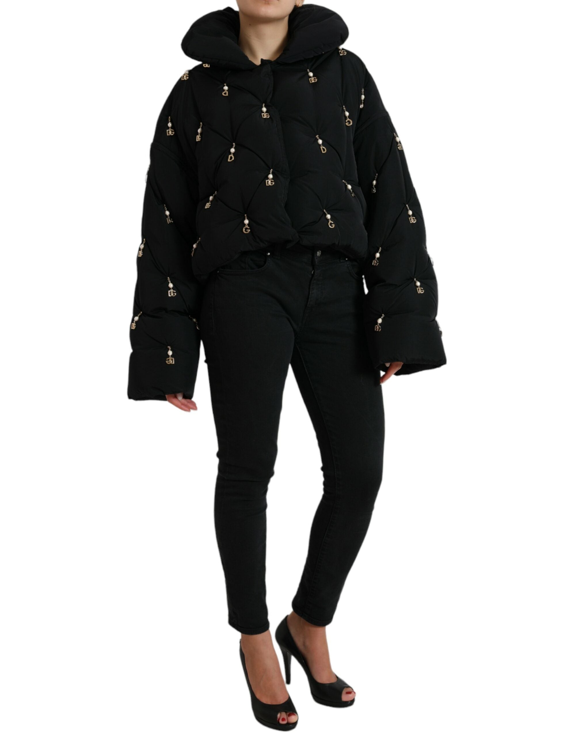 Black Embellished Quilted Shell Bomber Jacket - ventzia