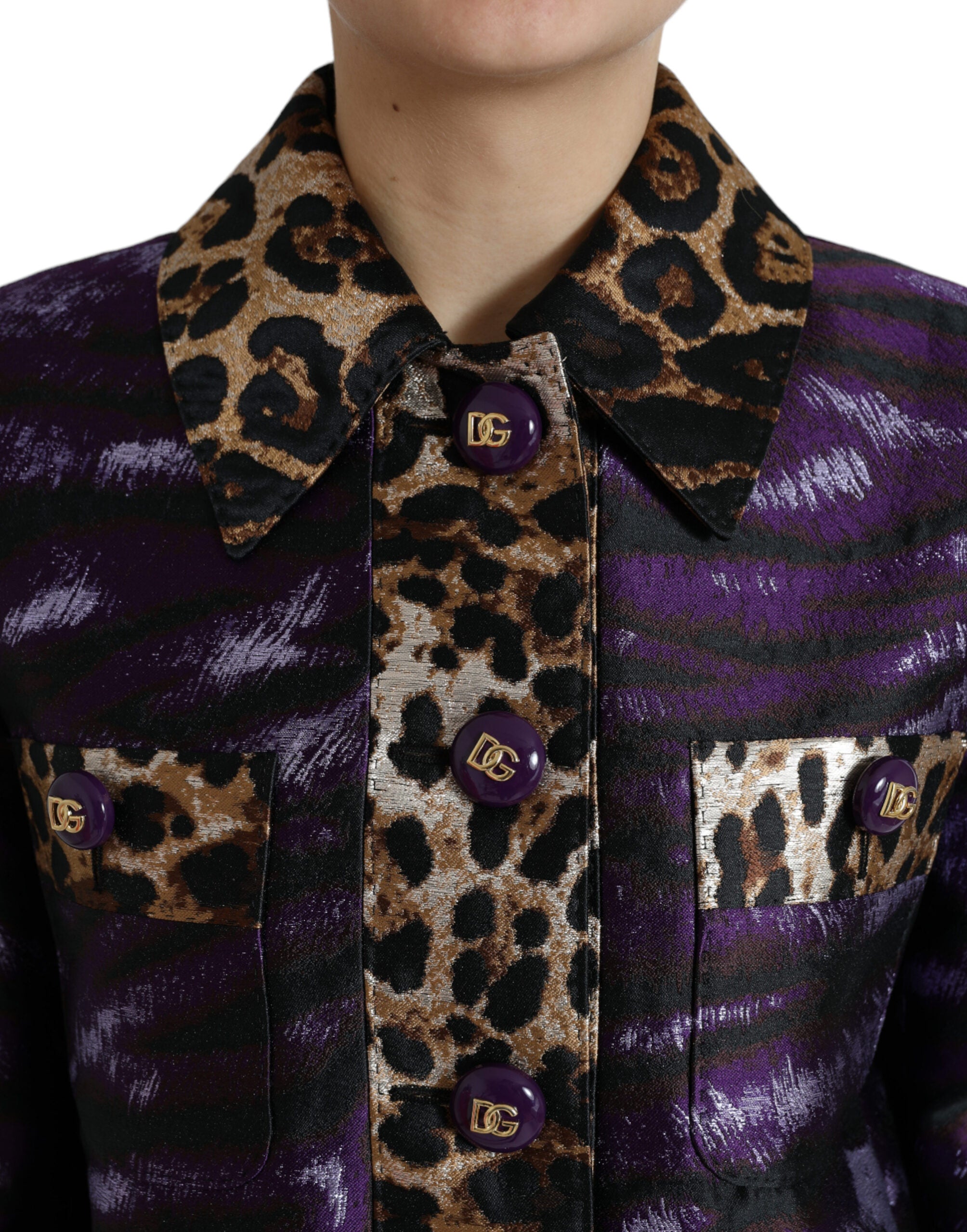 Purple Lamé Jacquard Tiger Print Coat Jacket - ventzia