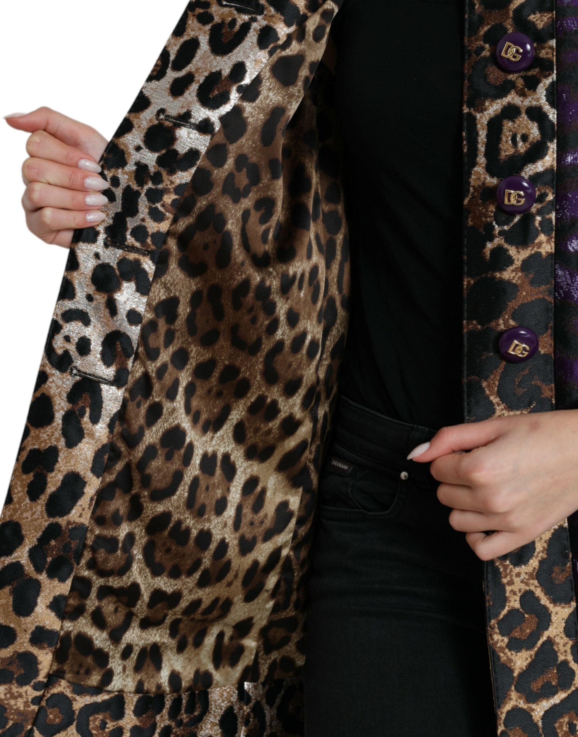 Purple Lamé Jacquard Tiger Print Coat Jacket - ventzia