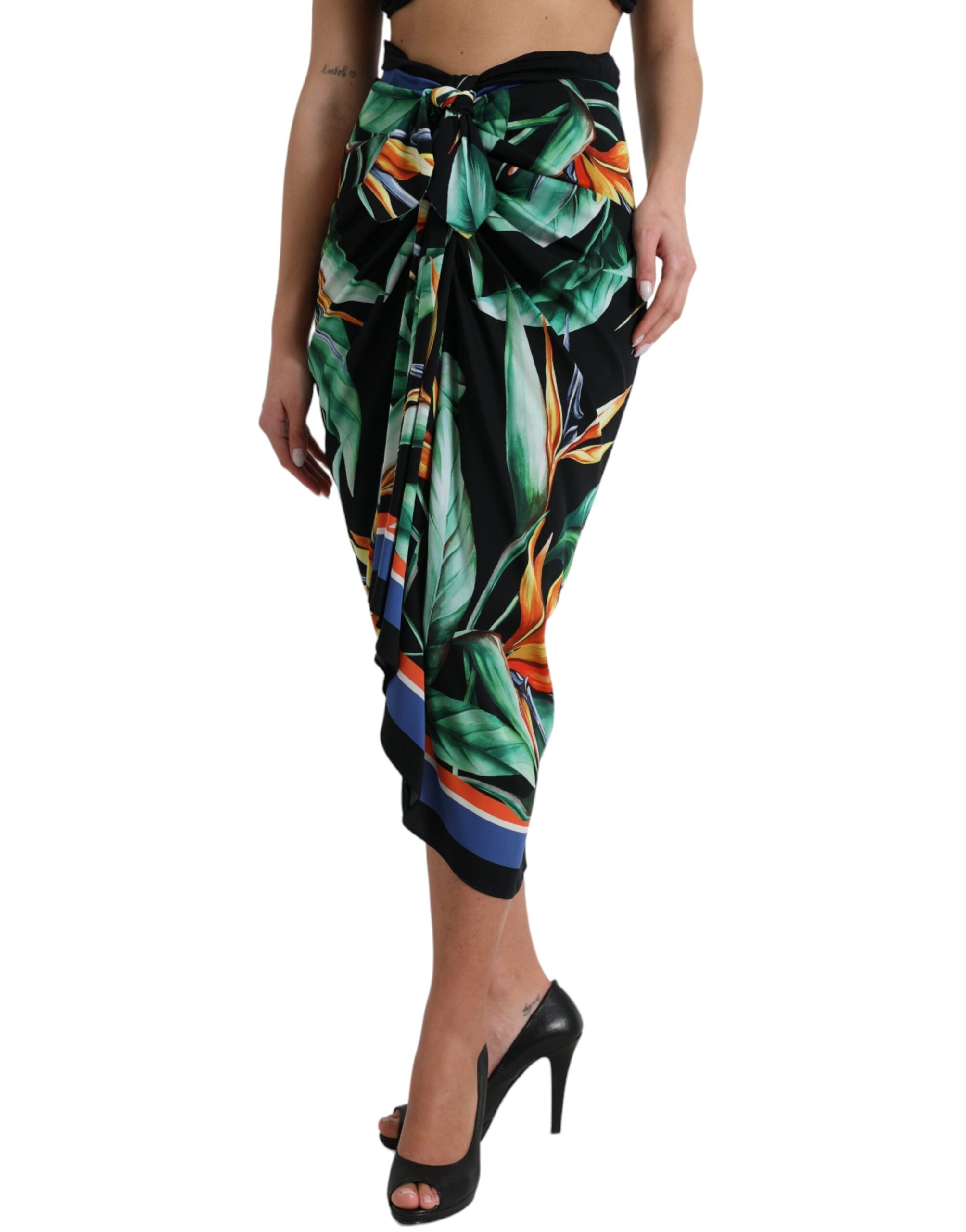 Black Strelitzia High Waist Wrap Midi Skirt - ventzia