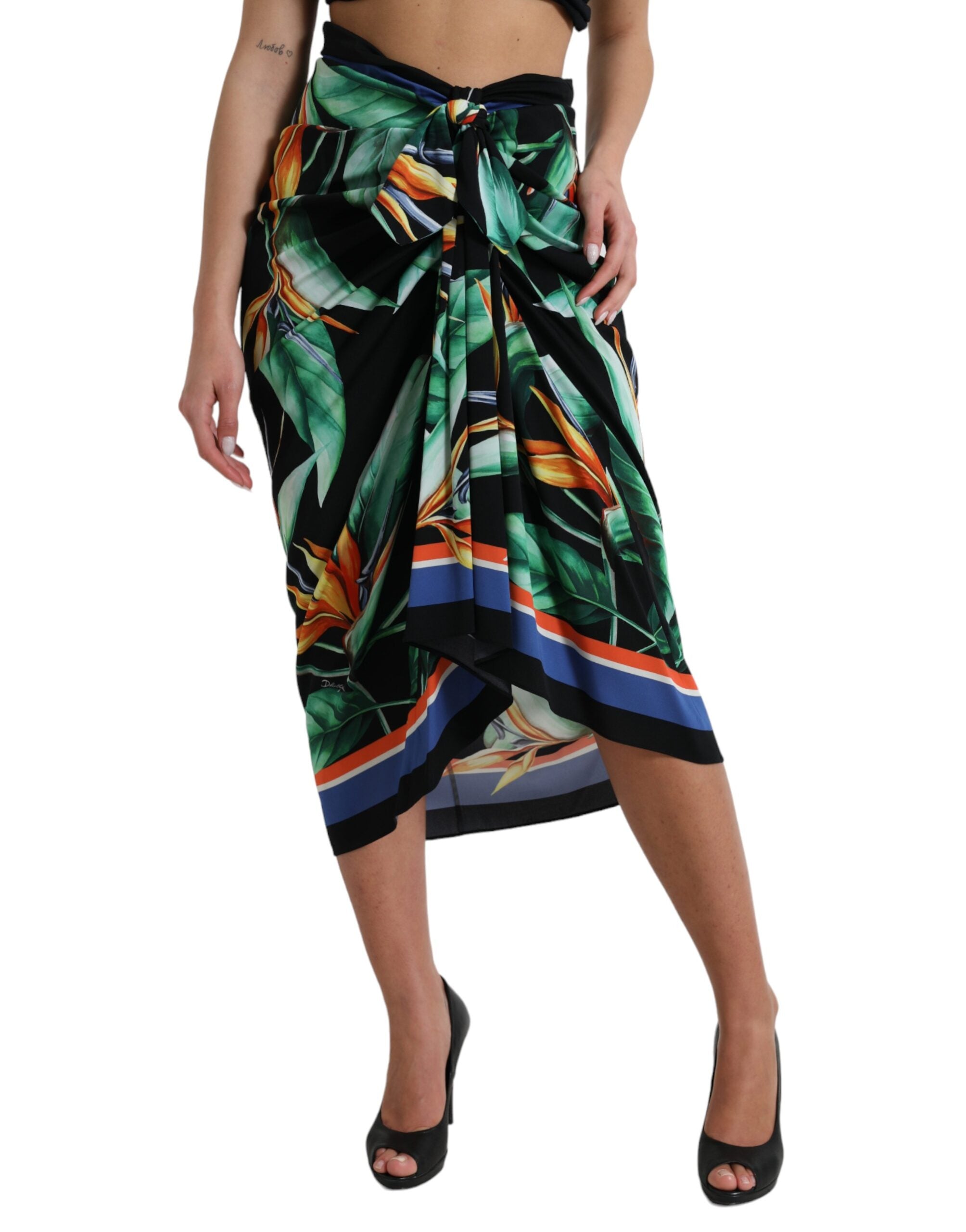 Black Strelitzia High Waist Wrap Midi Skirt - ventzia