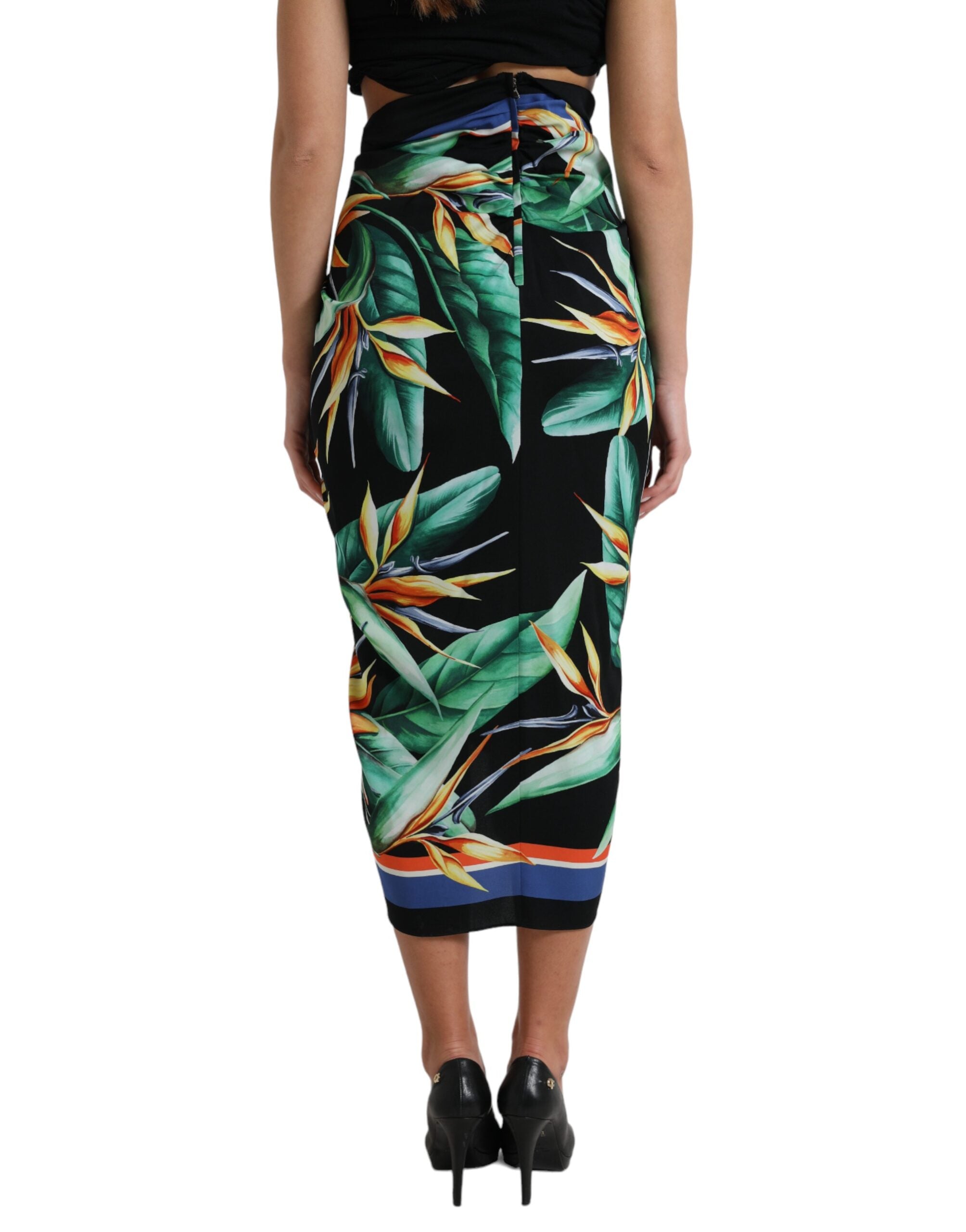 Black Strelitzia High Waist Wrap Midi Skirt - ventzia