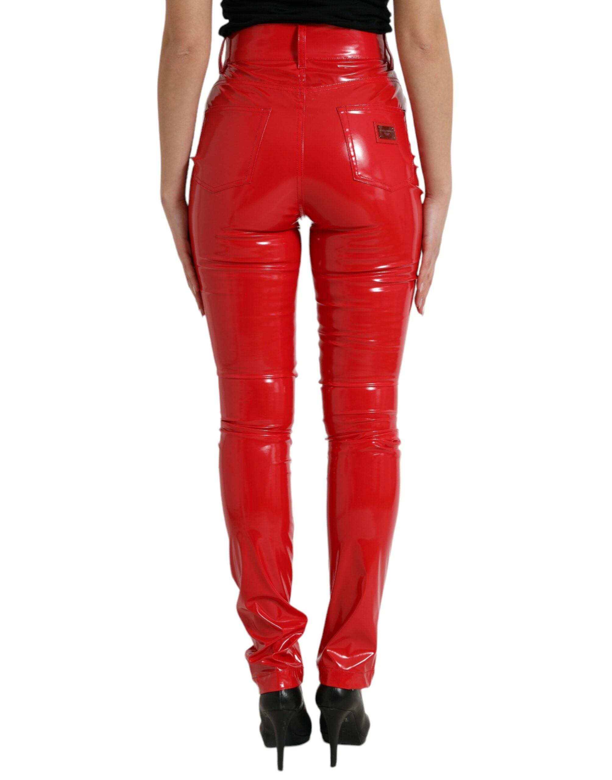 Shiny Red High Waist Skinny Pants - ventzia