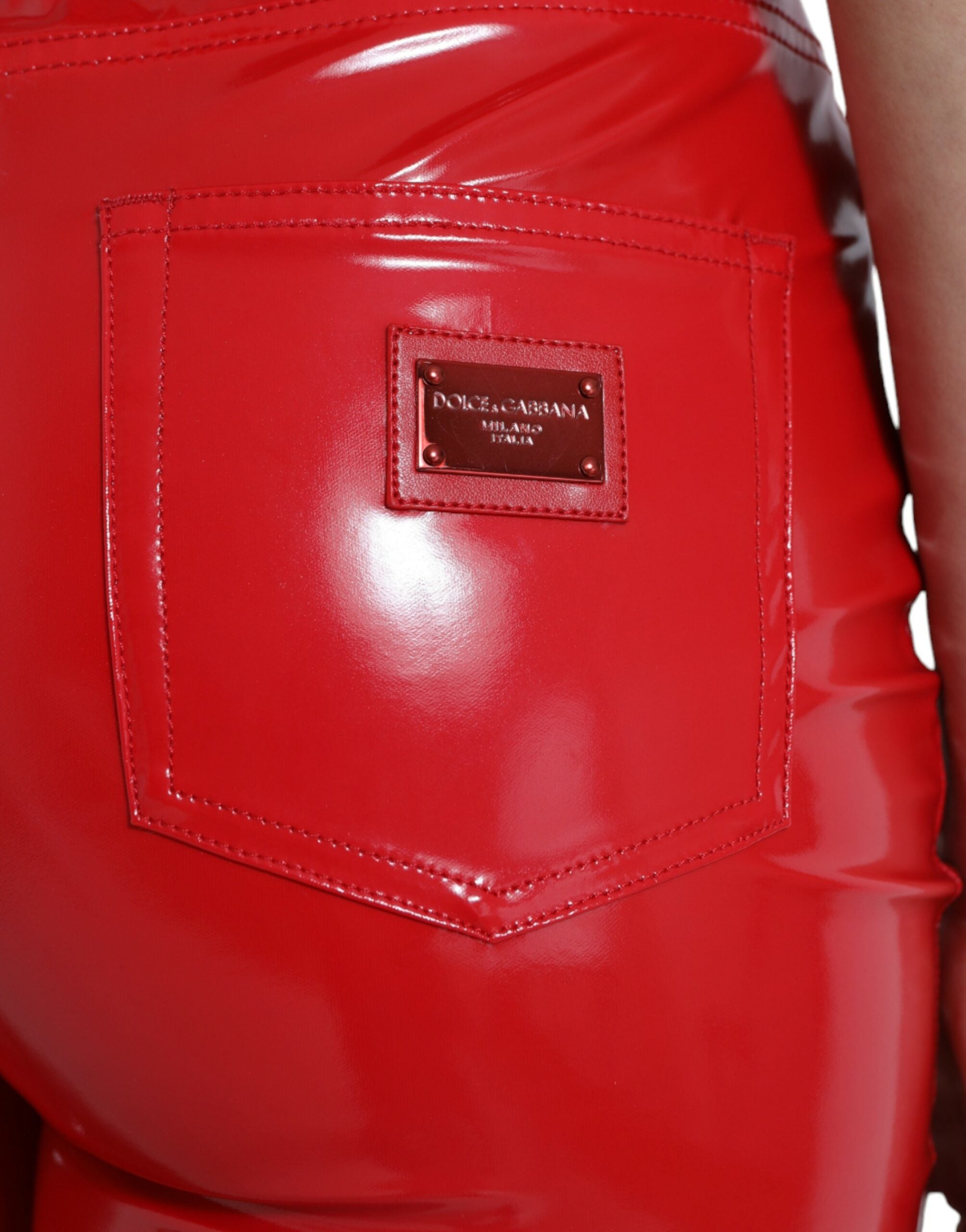 Shiny Red High Waist Skinny Pants - ventzia