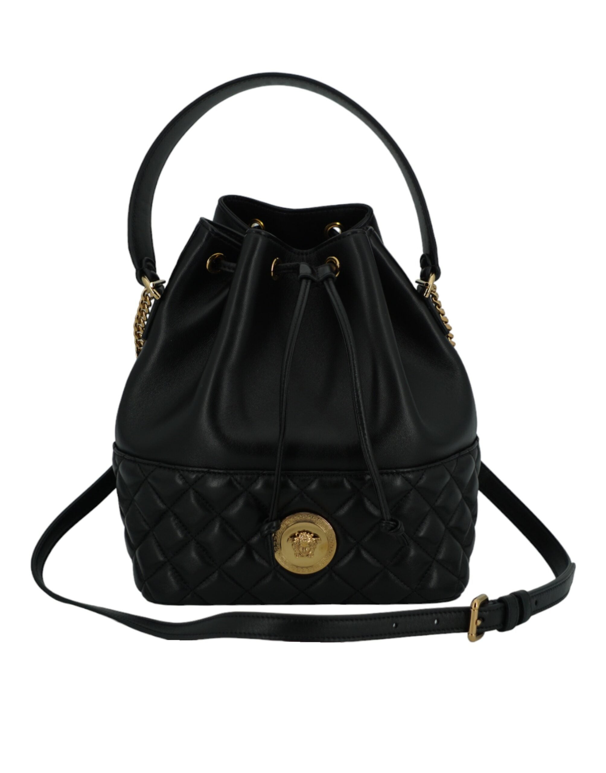 Elegant Black Leather Medusa Bucket Shoulder Bag - ventzia