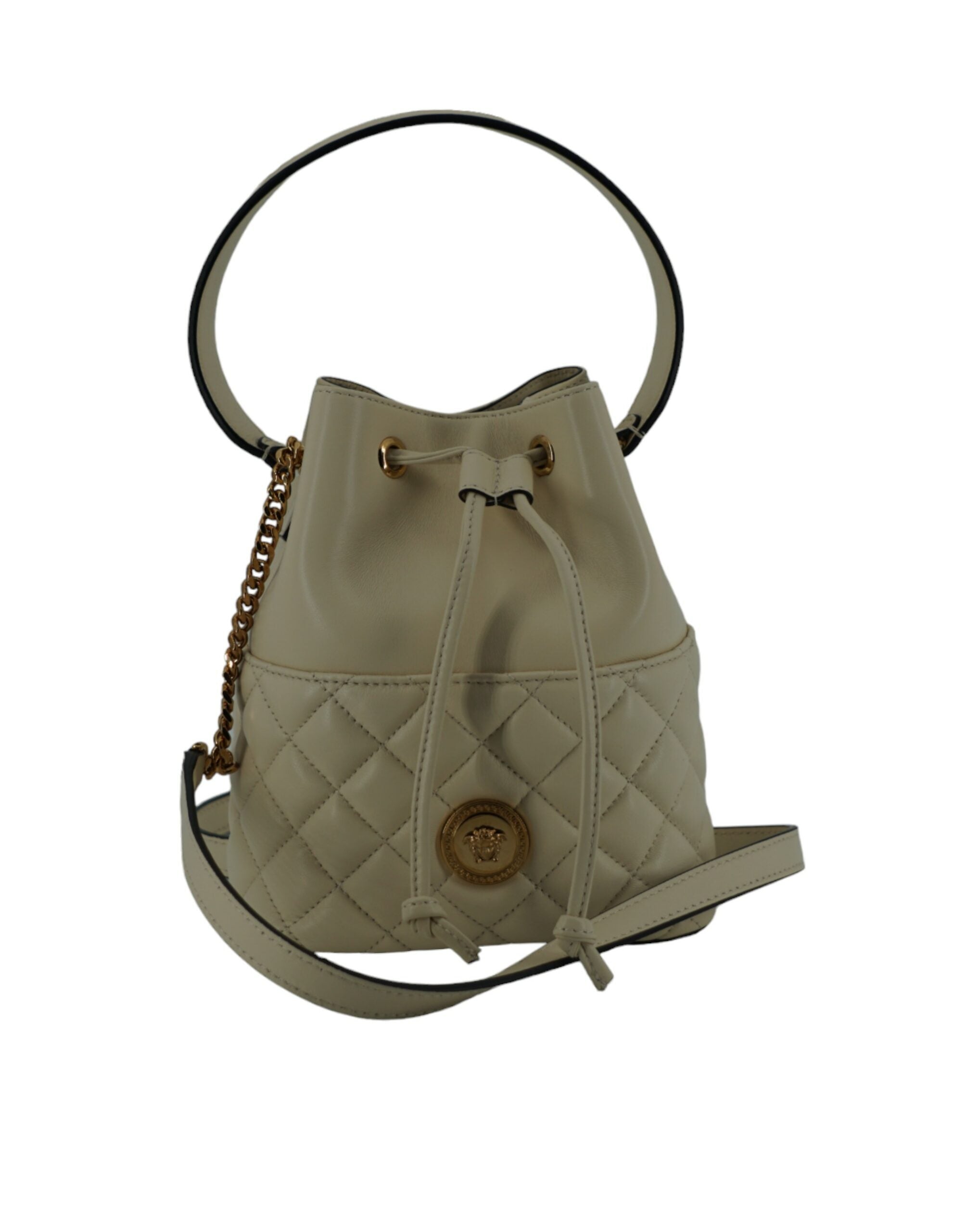 Elegant Small White Leather Bucket Shoulder Bag - ventzia