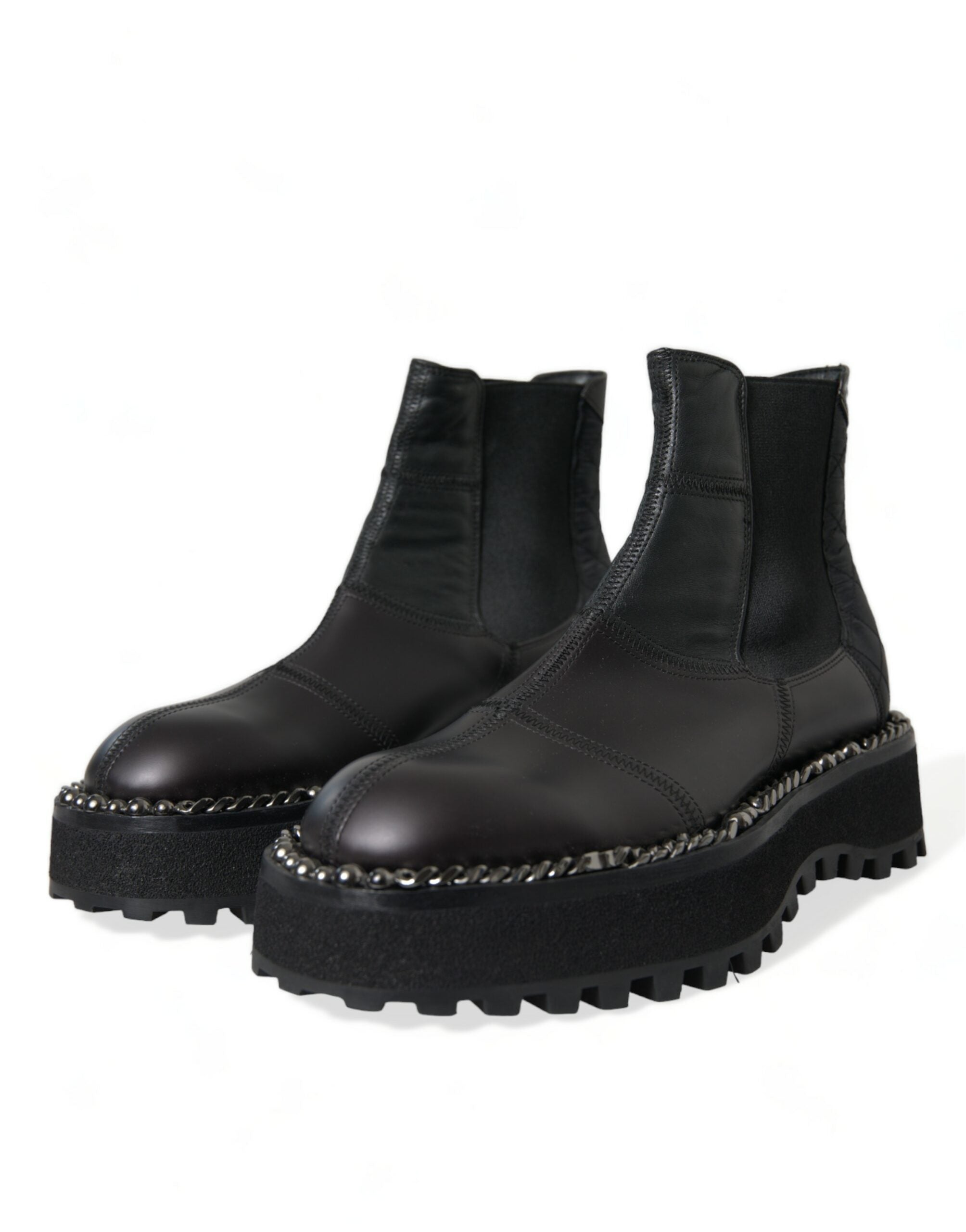Black Leather Slip On Stretch Chelsea Boots Shoes - ventzia