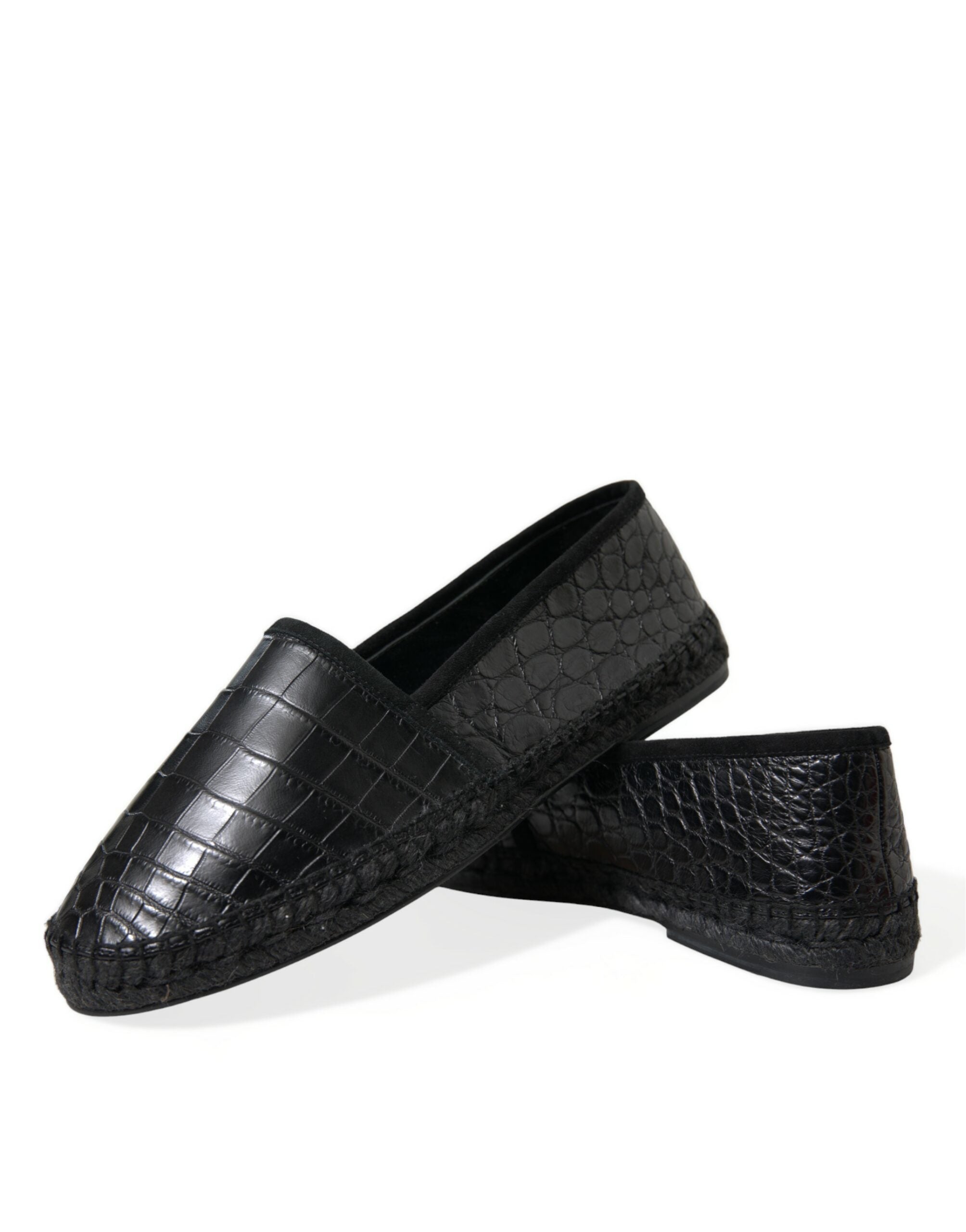 Black Exotic Leather Espadrilles Slip On Shoes - ventzia