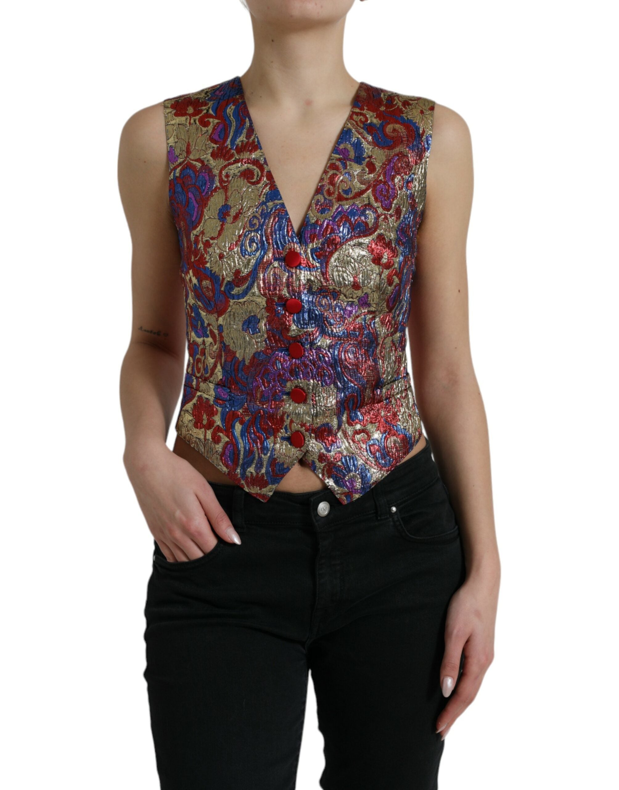 Multicolor Jacquard Button Waistcoat Vest Top - ventzia