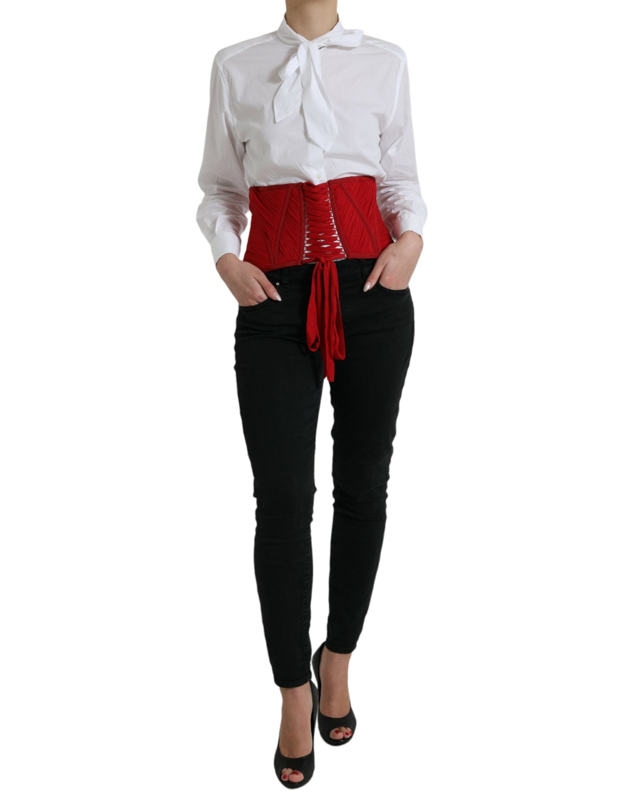 Red Silk Belt Waist Lace Up Strap Corset - ventzia