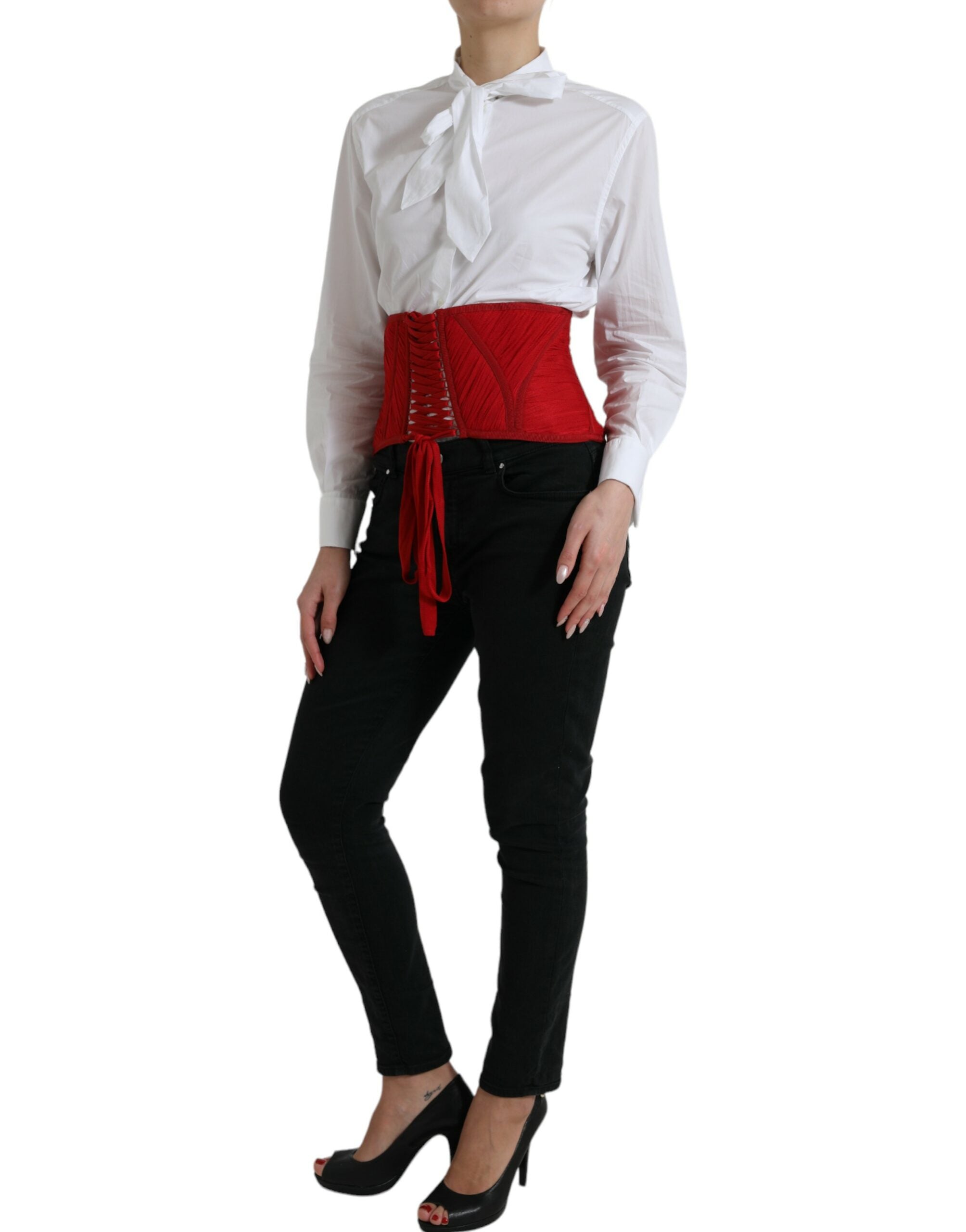 Red Silk Belt Waist Lace Up Strap Corset - ventzia