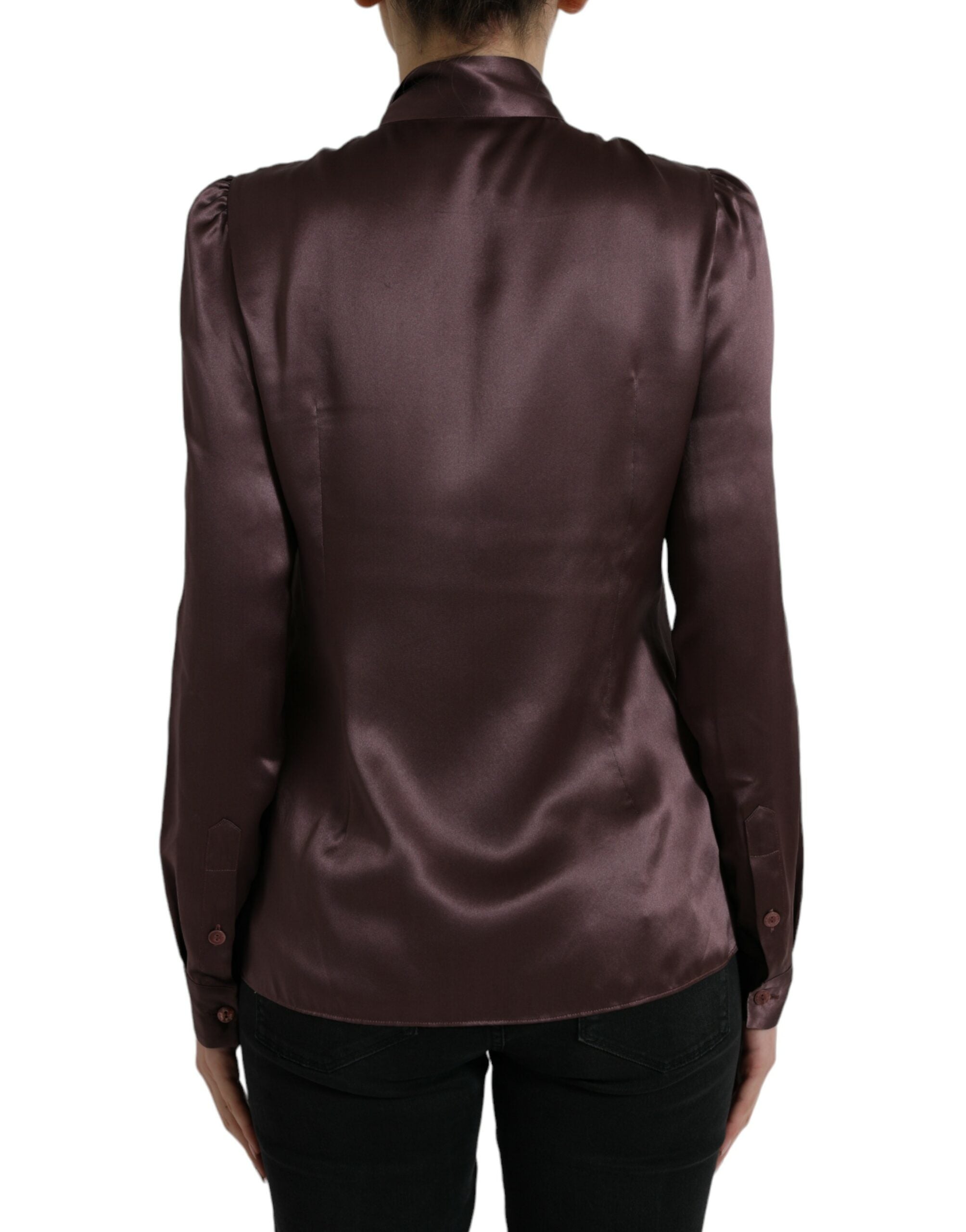 Brown Silk Ascot Collar Long Sleeve Blouse Top - ventzia