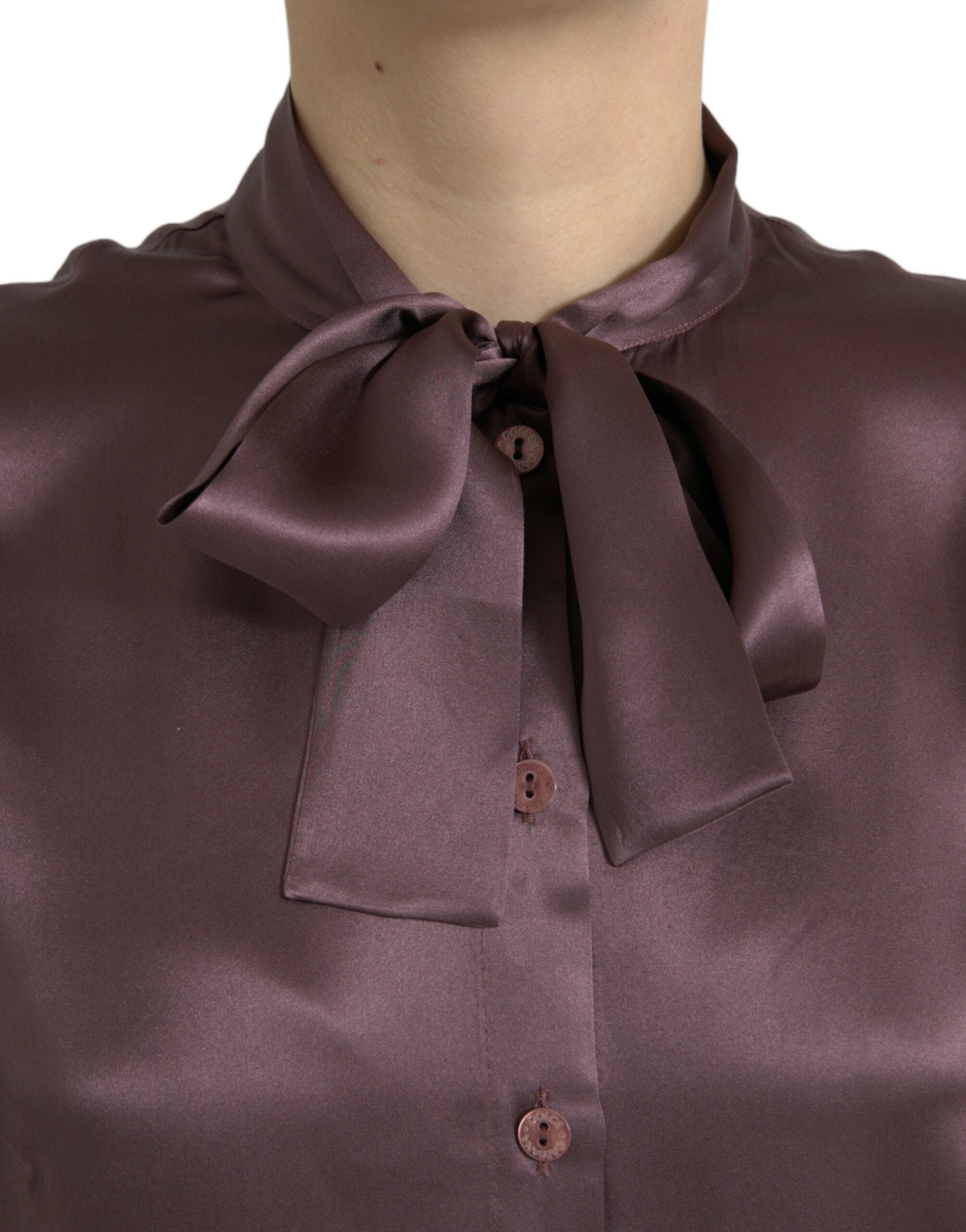 Brown Silk Ascot Collar Long Sleeve Blouse Top - ventzia