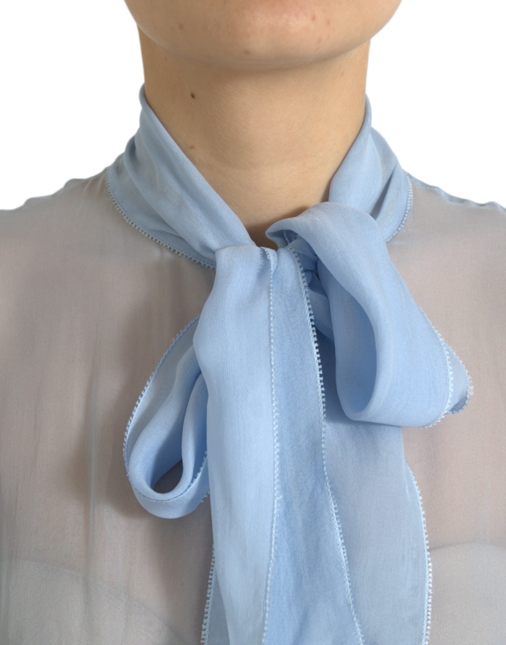 Blue Long Sleeves Ascot Collar Blouse Top - ventzia