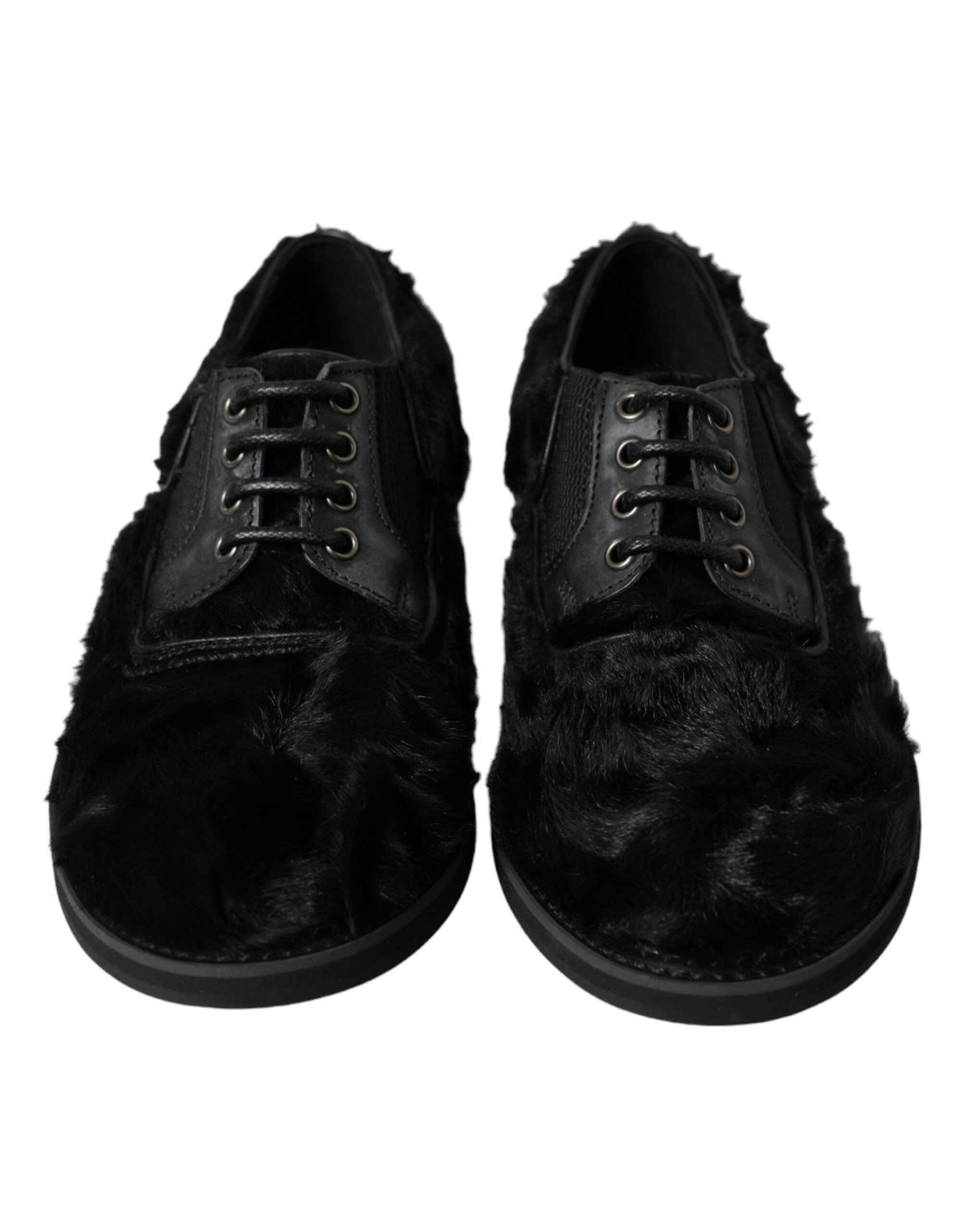 Black Fur Leather Lace Up Derby Dress Shoes - ventzia