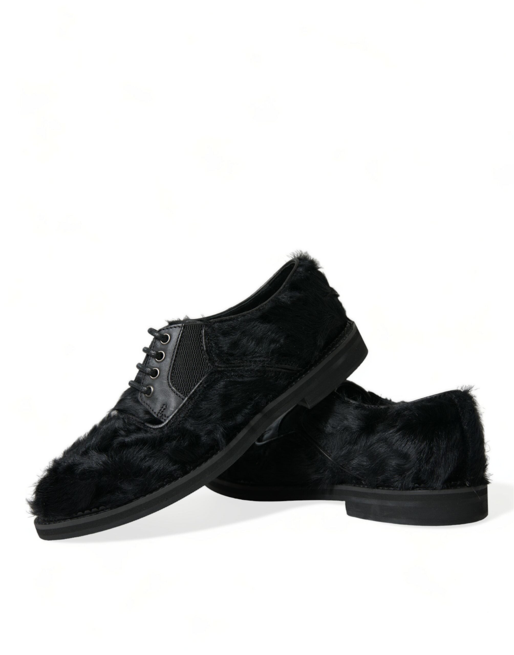 Black Fur Leather Lace Up Derby Dress Shoes - ventzia