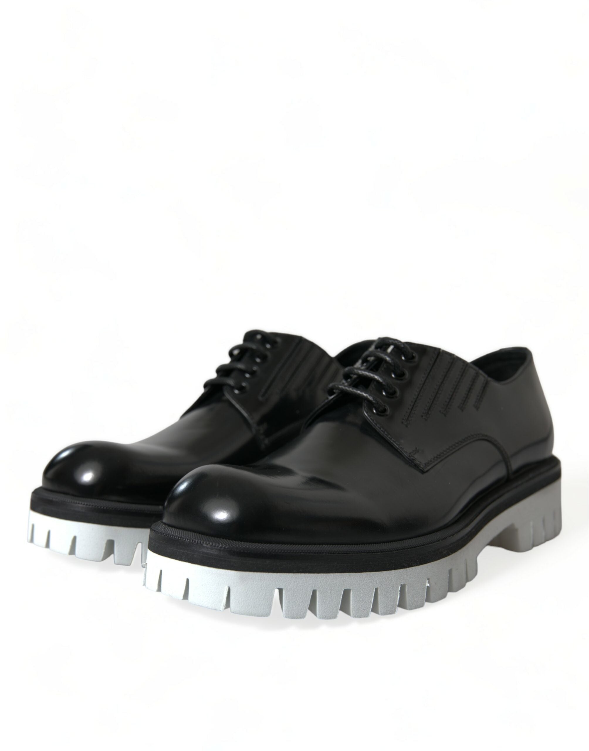Black White Leather Lace Up Derby Dress Shoes - ventzia