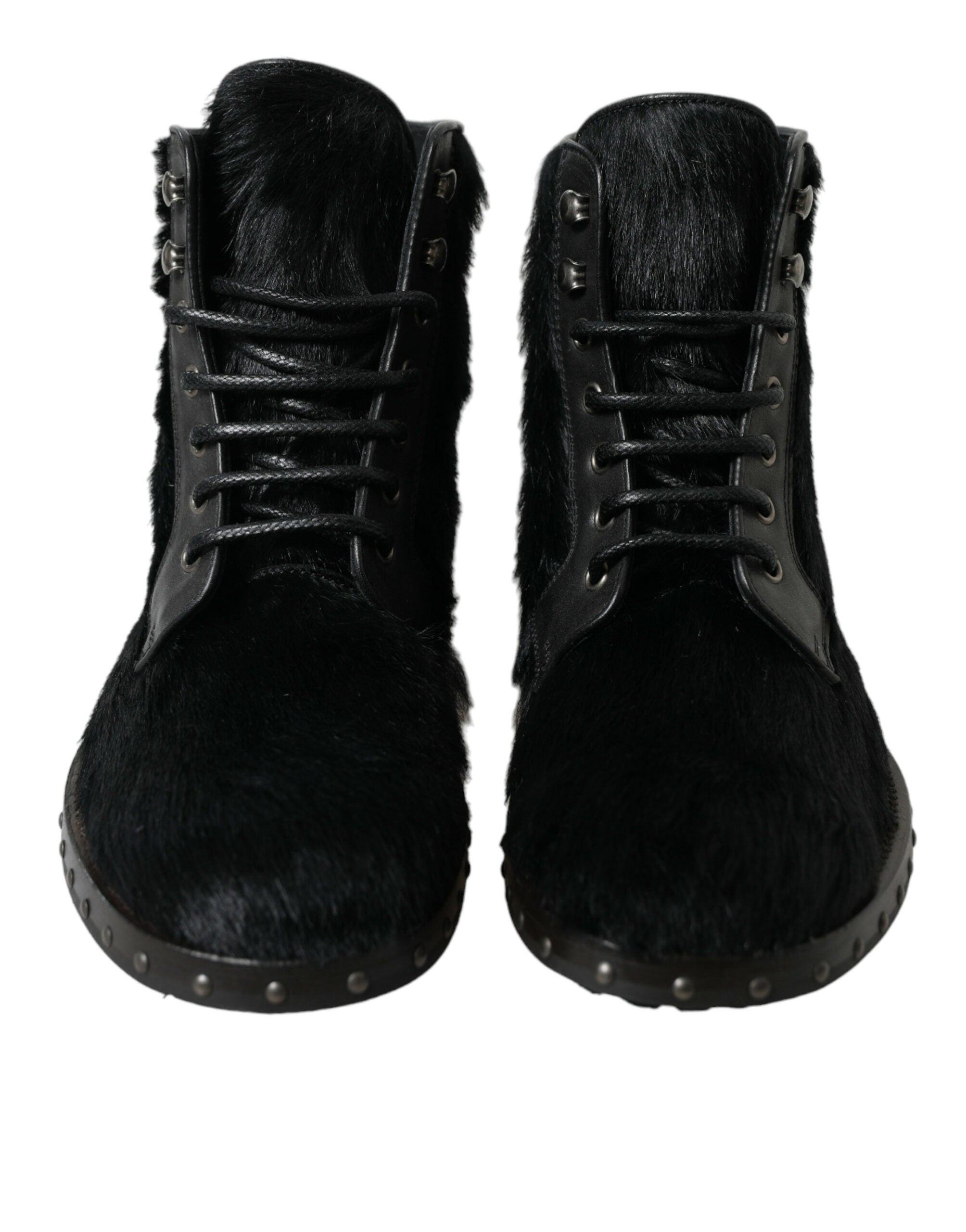 Black Pony Style Leather Mid Calf Boots Shoes - ventzia