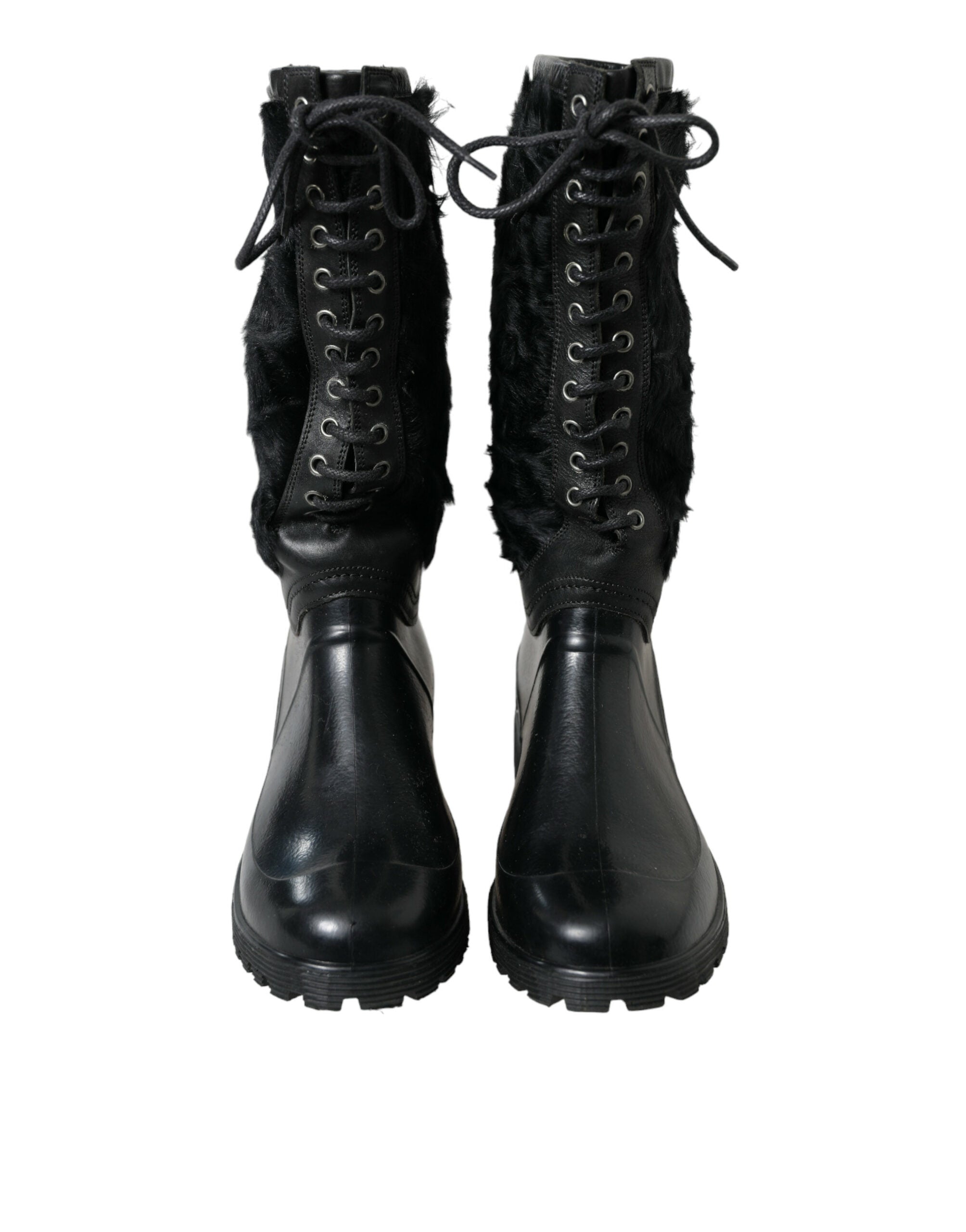 Black Rubber Lace Up Shearling Rain Boots Shoes - ventzia