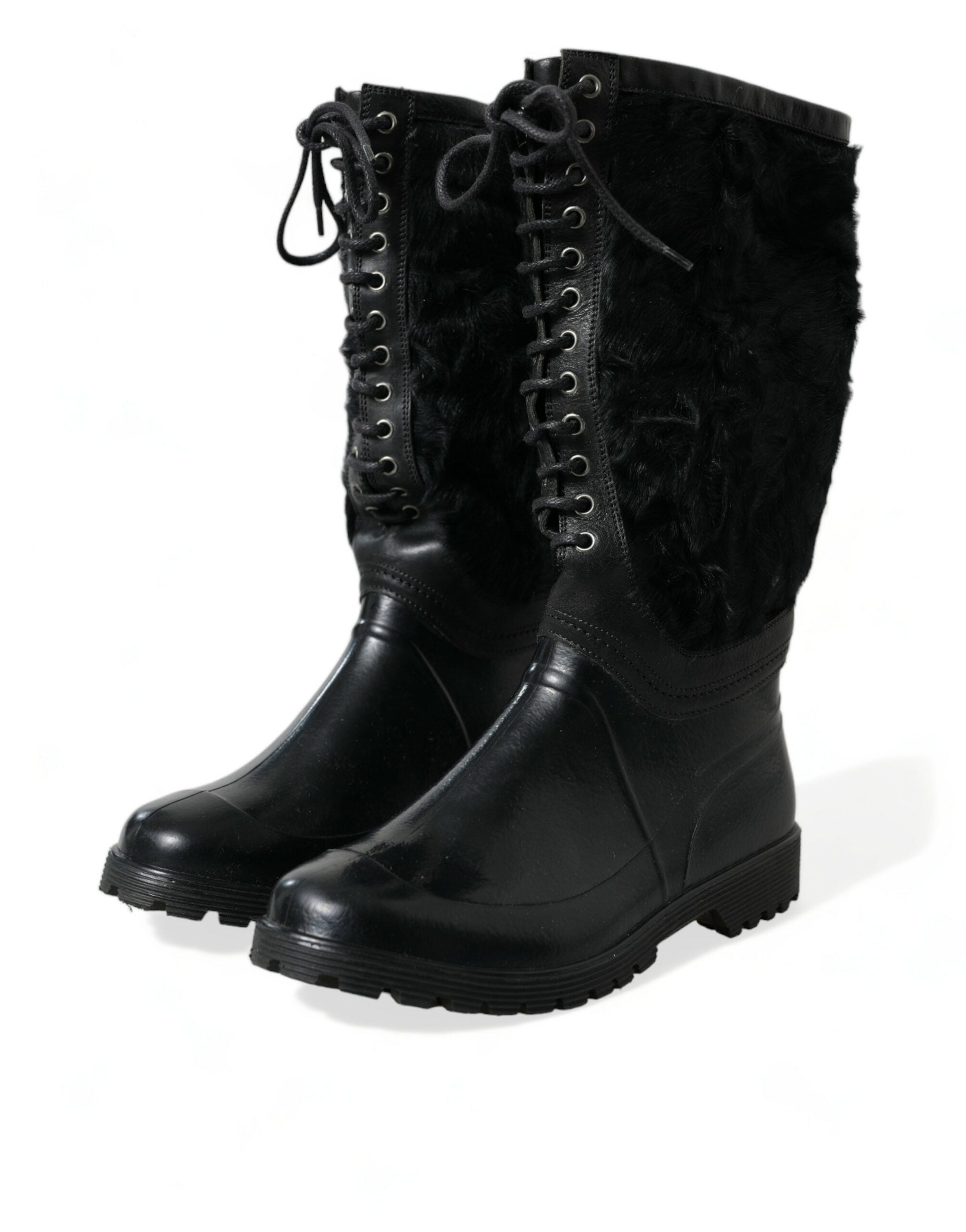 Black Rubber Lace Up Shearling Rain Boots Shoes - ventzia