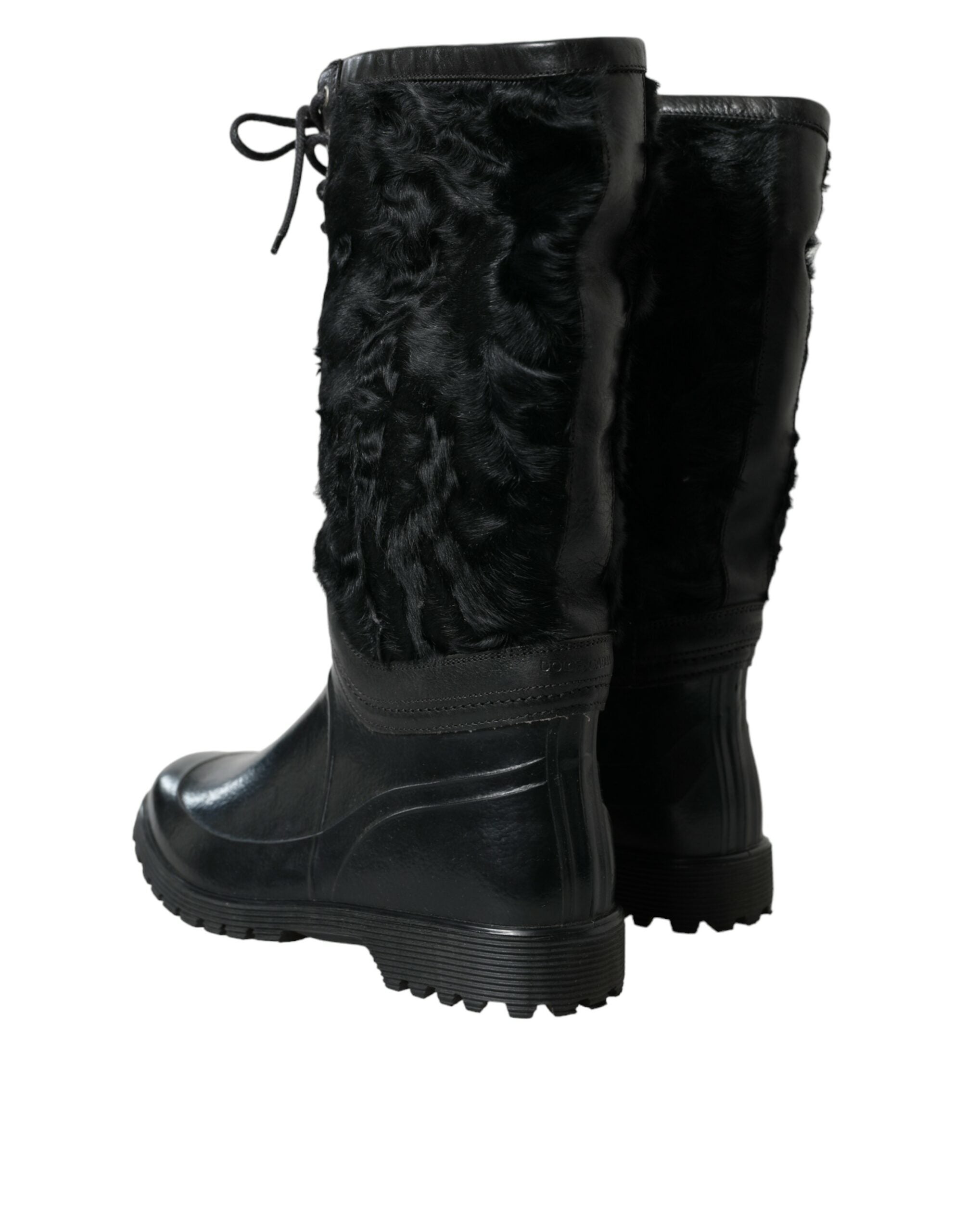 Black Rubber Lace Up Shearling Rain Boots Shoes - ventzia