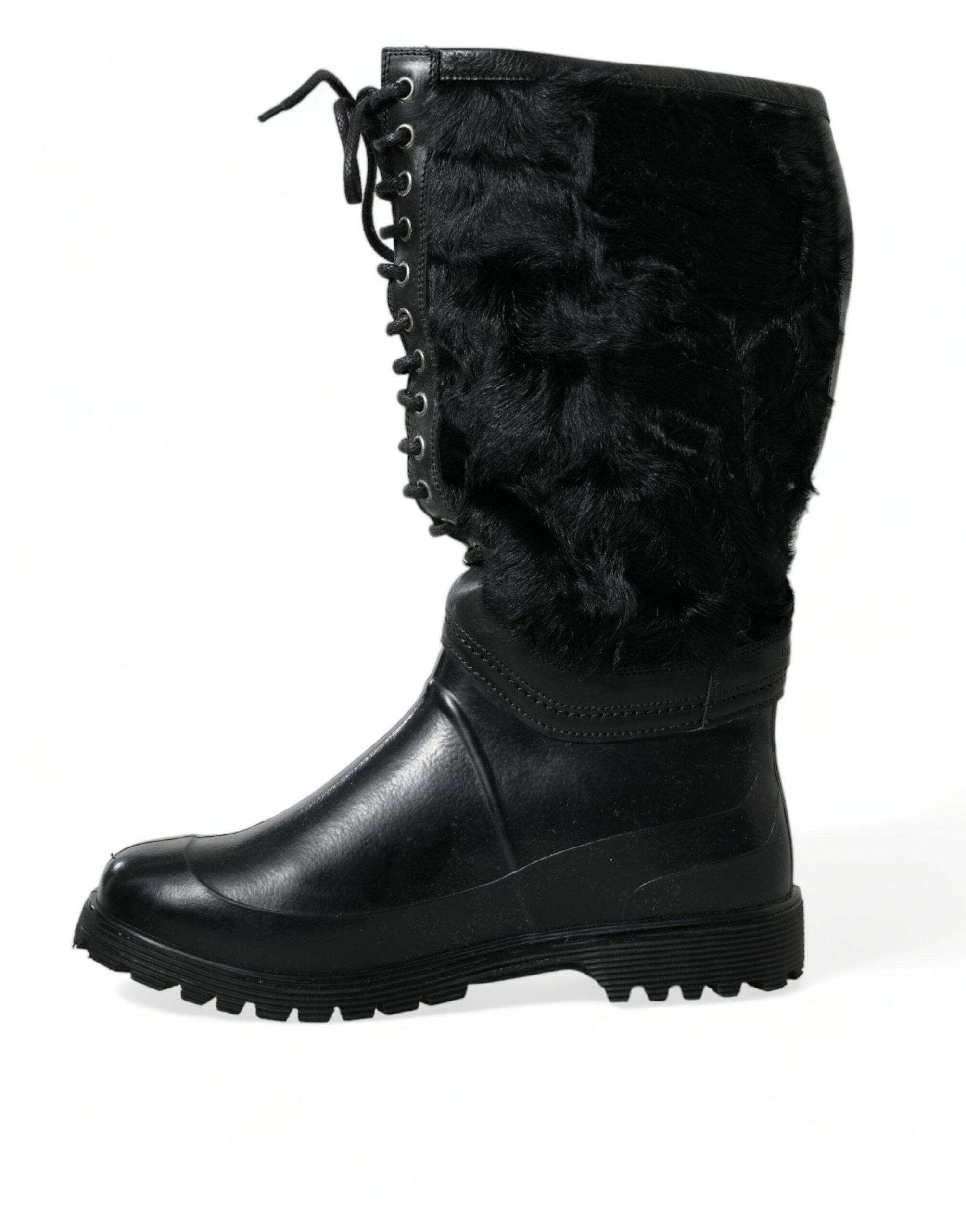 Black Rubber Lace Up Shearling Rain Boots Shoes - ventzia