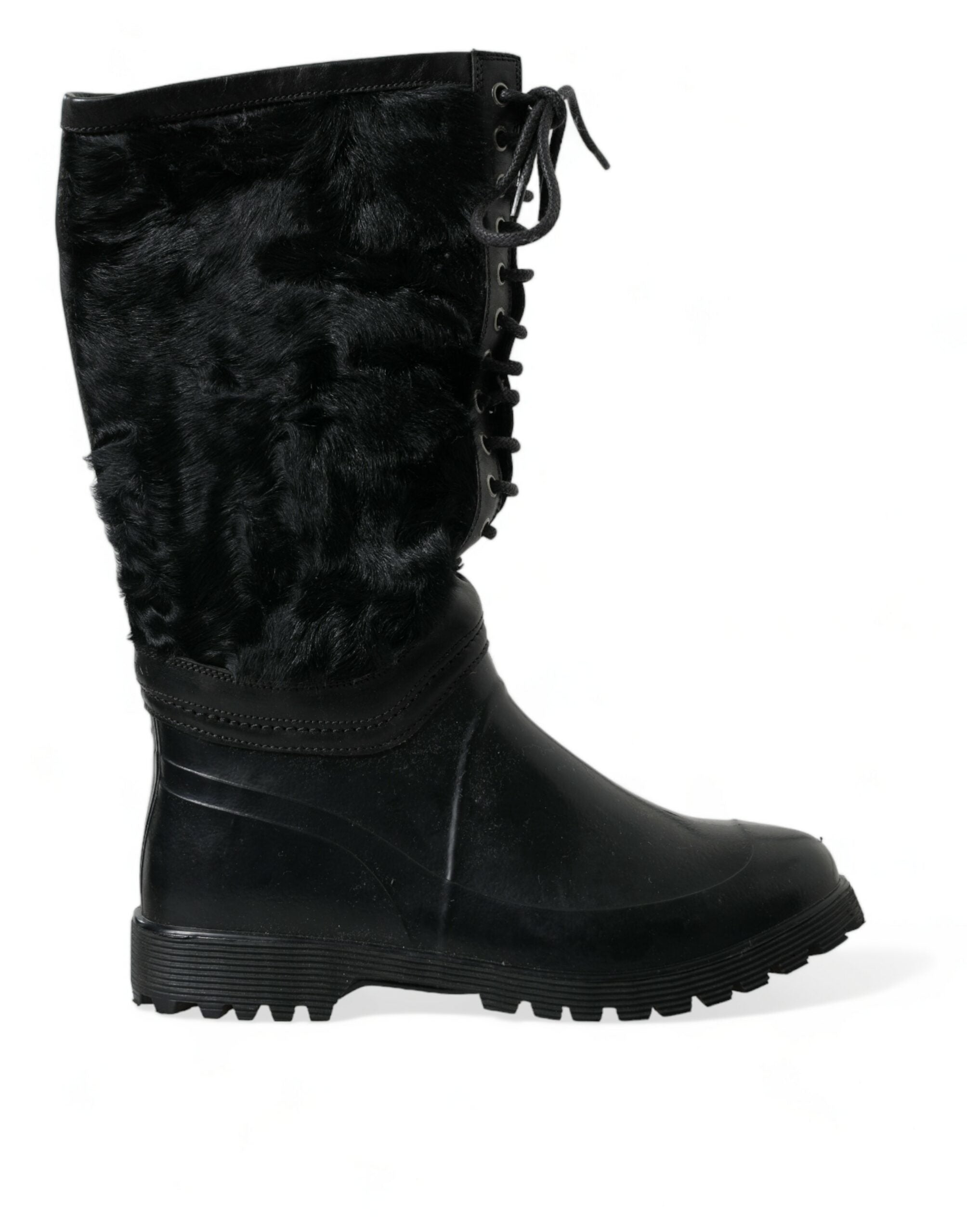 Black Rubber Lace Up Shearling Rain Boots Shoes - ventzia