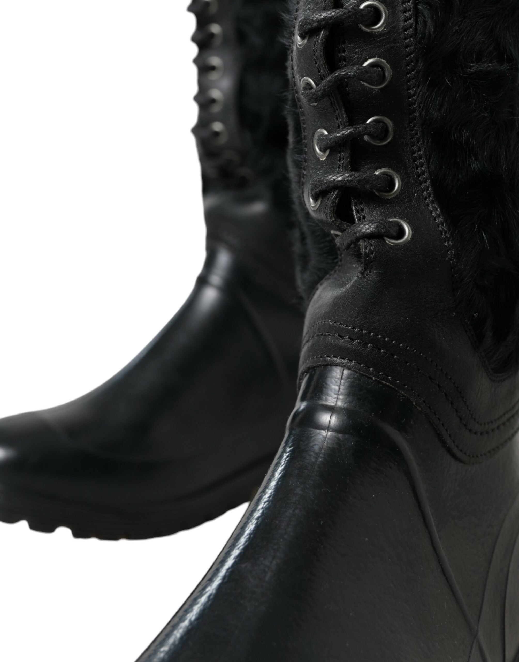 Black Rubber Lace Up Shearling Rain Boots Shoes - ventzia