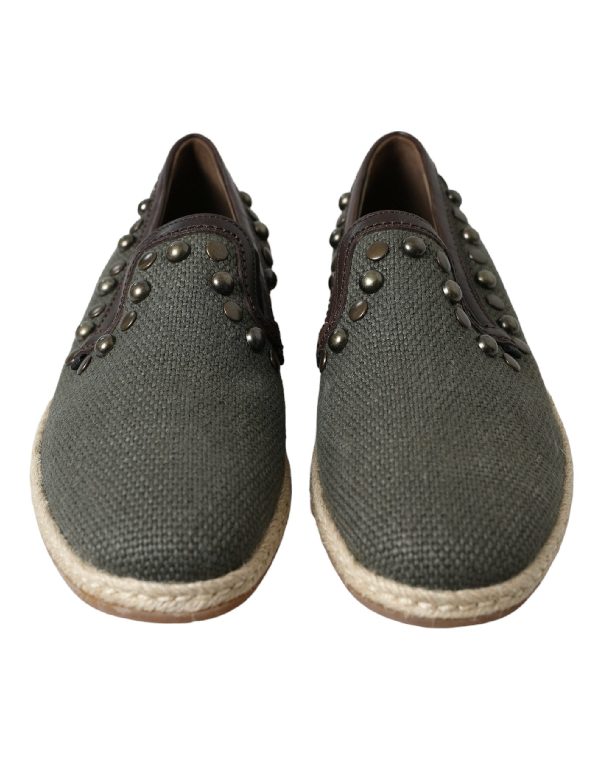 Gray Linen Leather Studded Loafers Shoes - ventzia