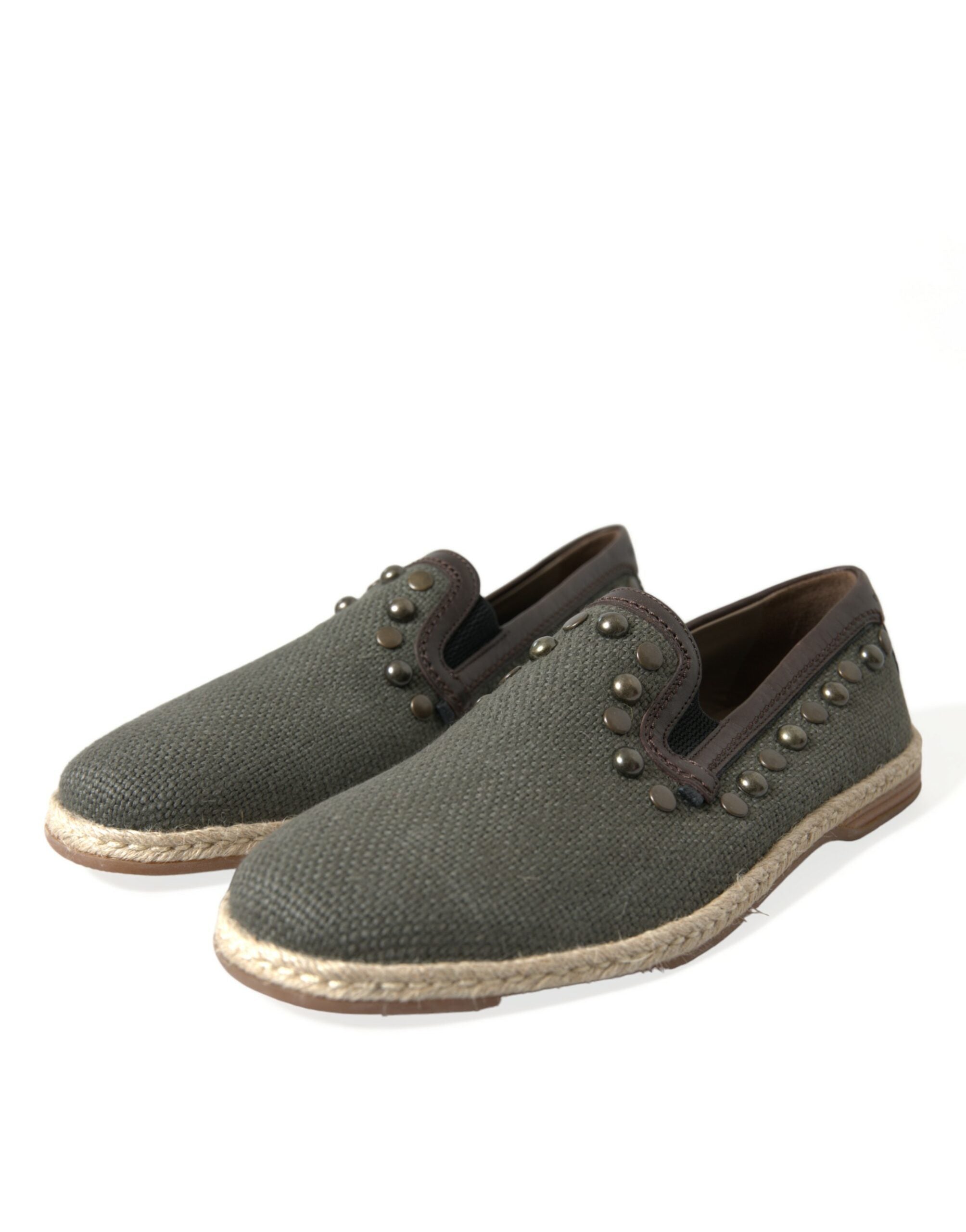 Gray Linen Leather Studded Loafers Shoes - ventzia