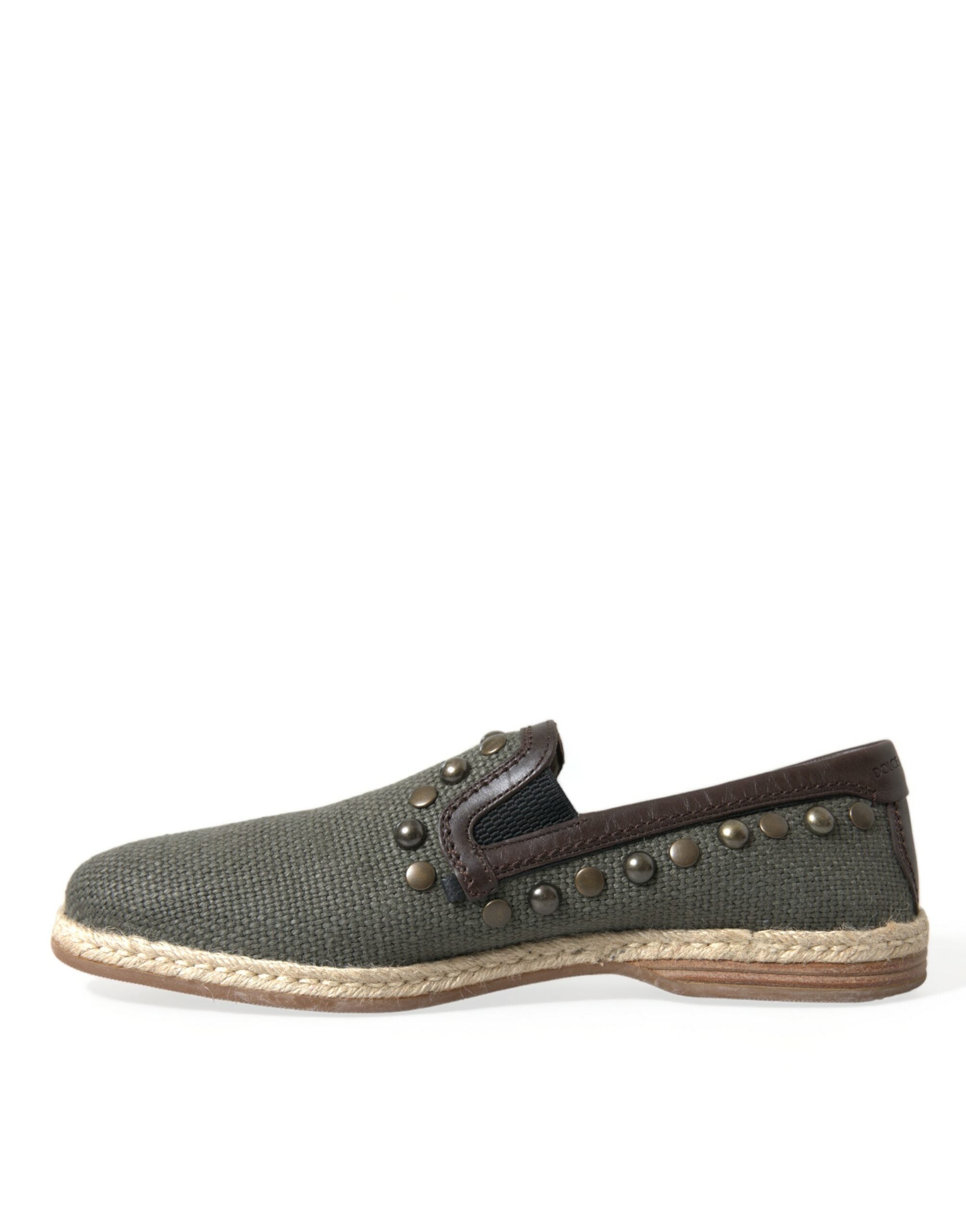 Gray Linen Leather Studded Loafers Shoes - ventzia