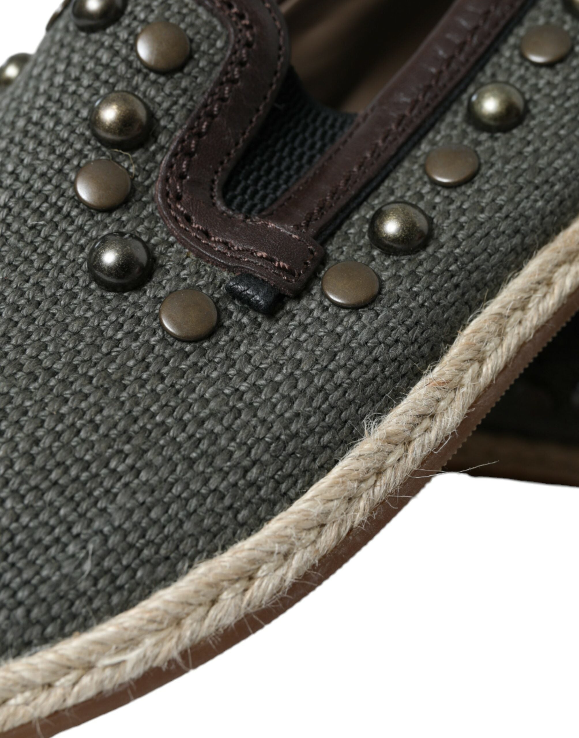 Gray Linen Leather Studded Loafers Shoes - ventzia