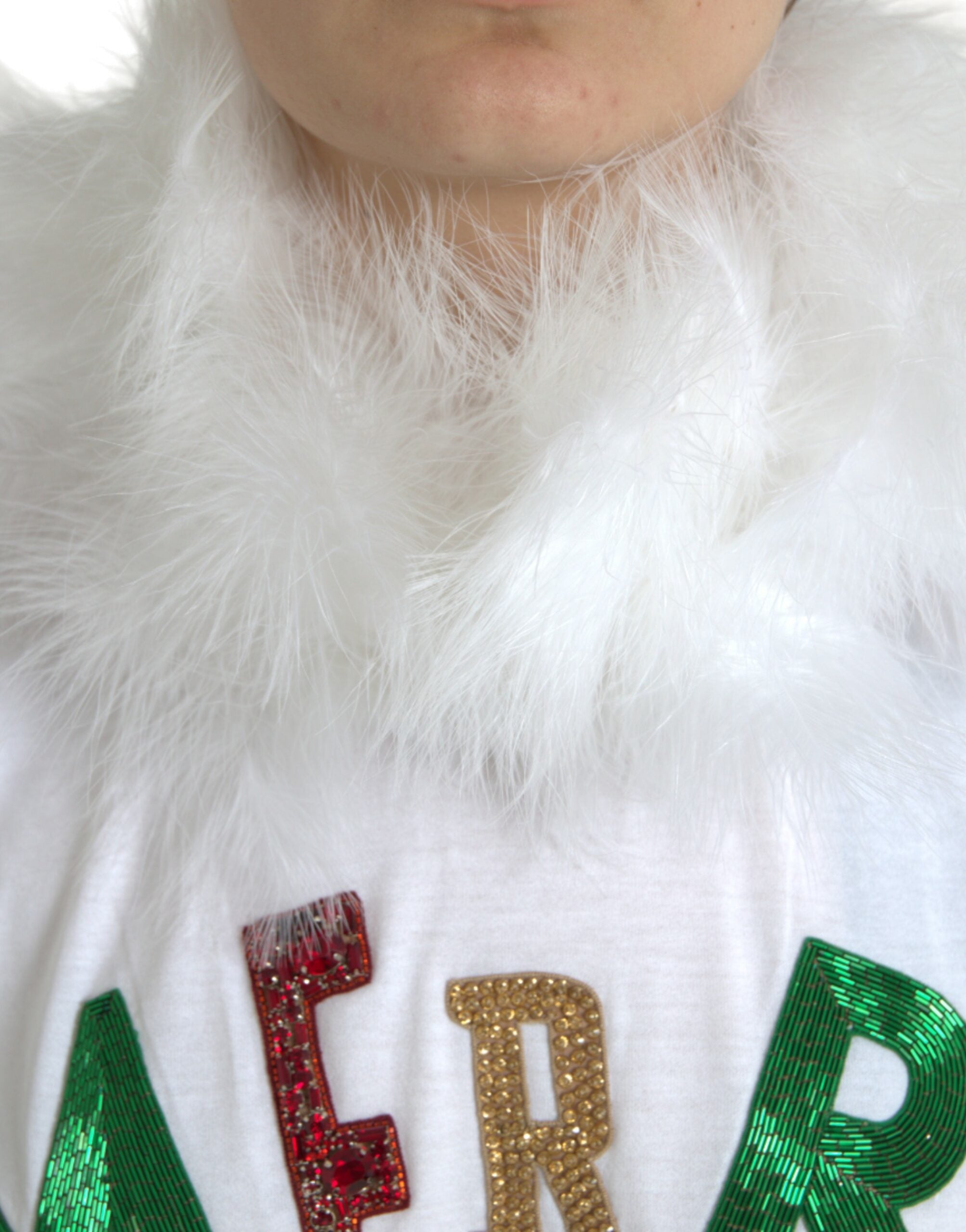 White Cotton Christmas Sequin Fur T-shirt - ventzia